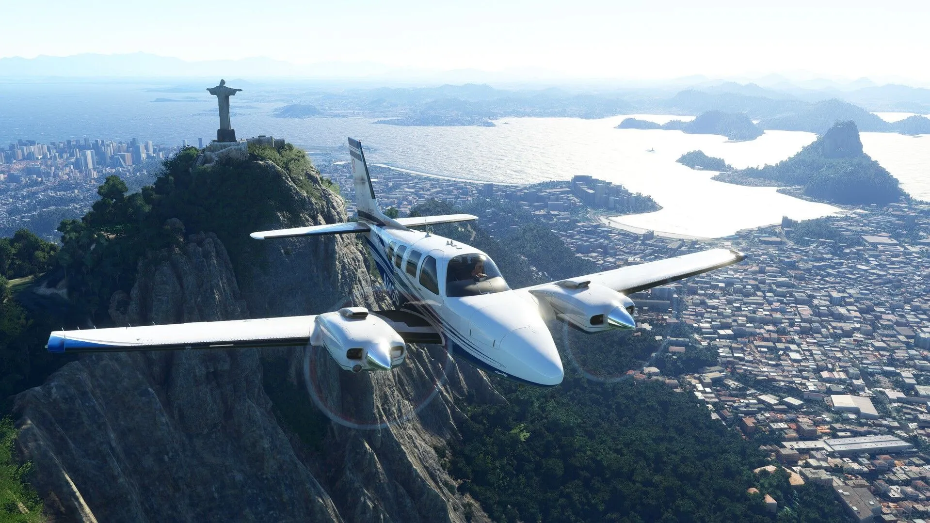 Cảnh quan chân thực từ game Microsoft Flight Simulator trên màn hình siêu rộng, minh họa độ đắm chìm tuyệt vời.