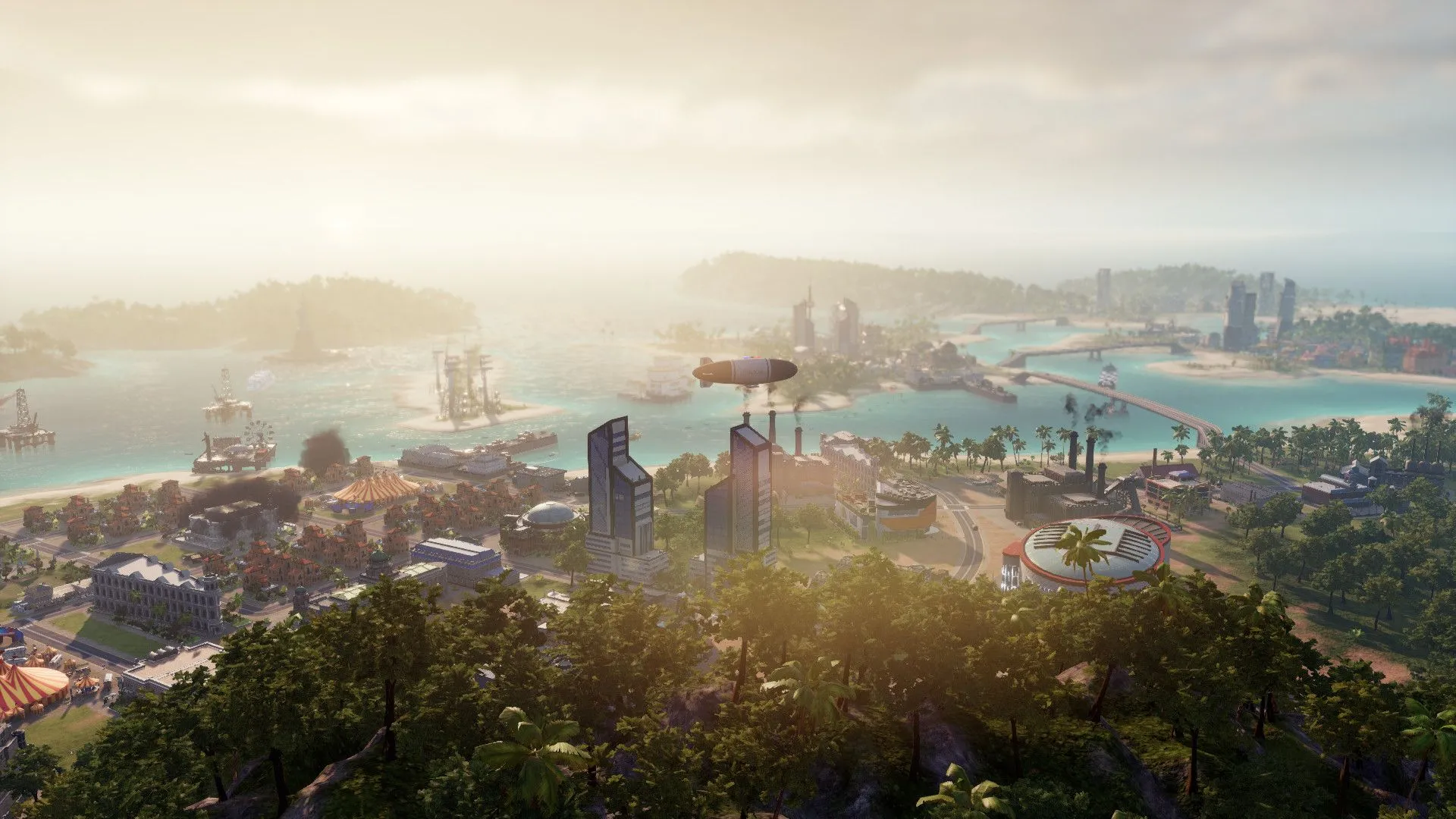 Cảnh quan đô thị trong Tropico 6 với các công trình hiện đại và tượng đài El Presidente