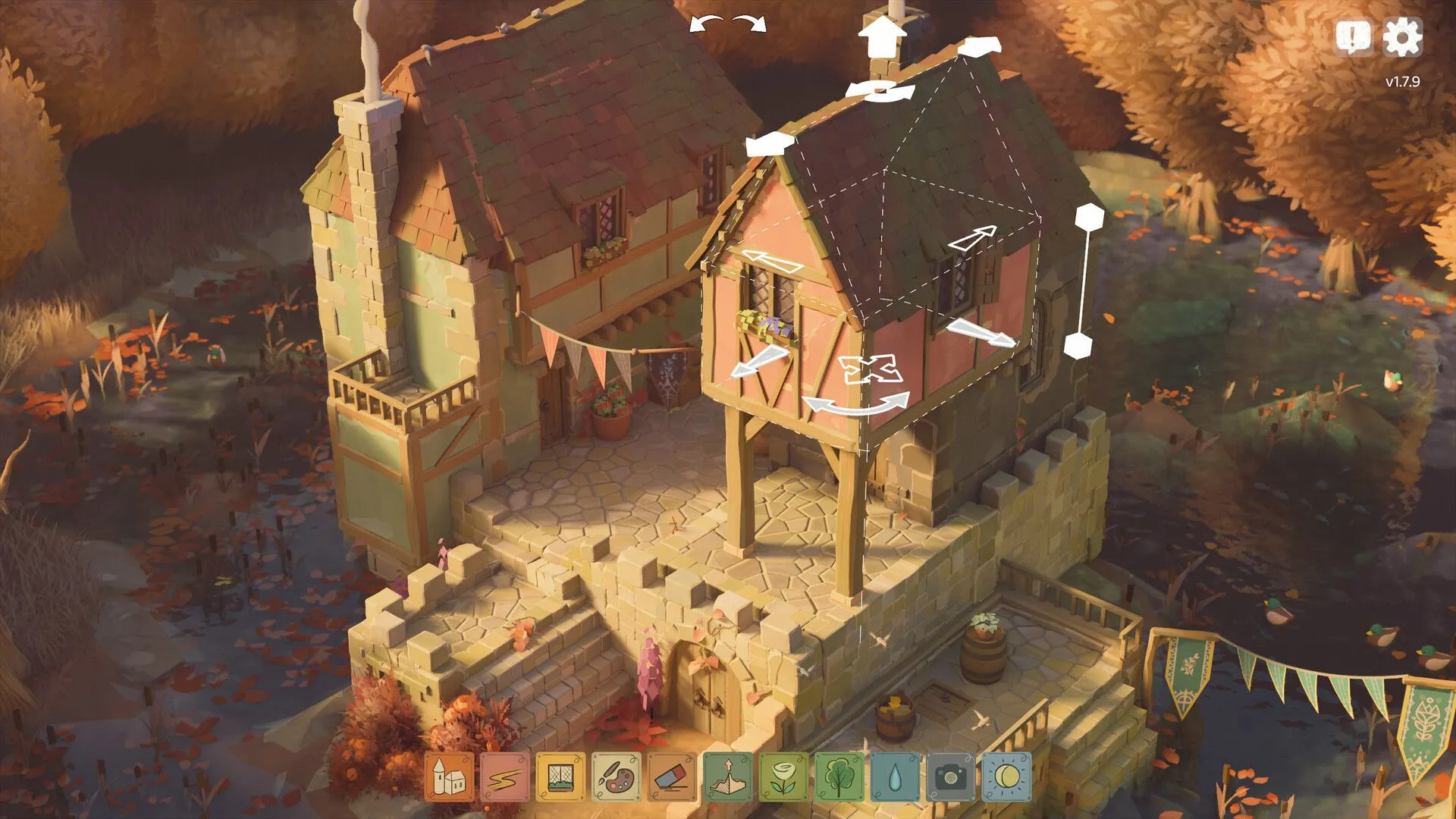 Cảnh quan game Tiny Glade với kiến trúc lâu đài cổ điển được xây dựng tự do