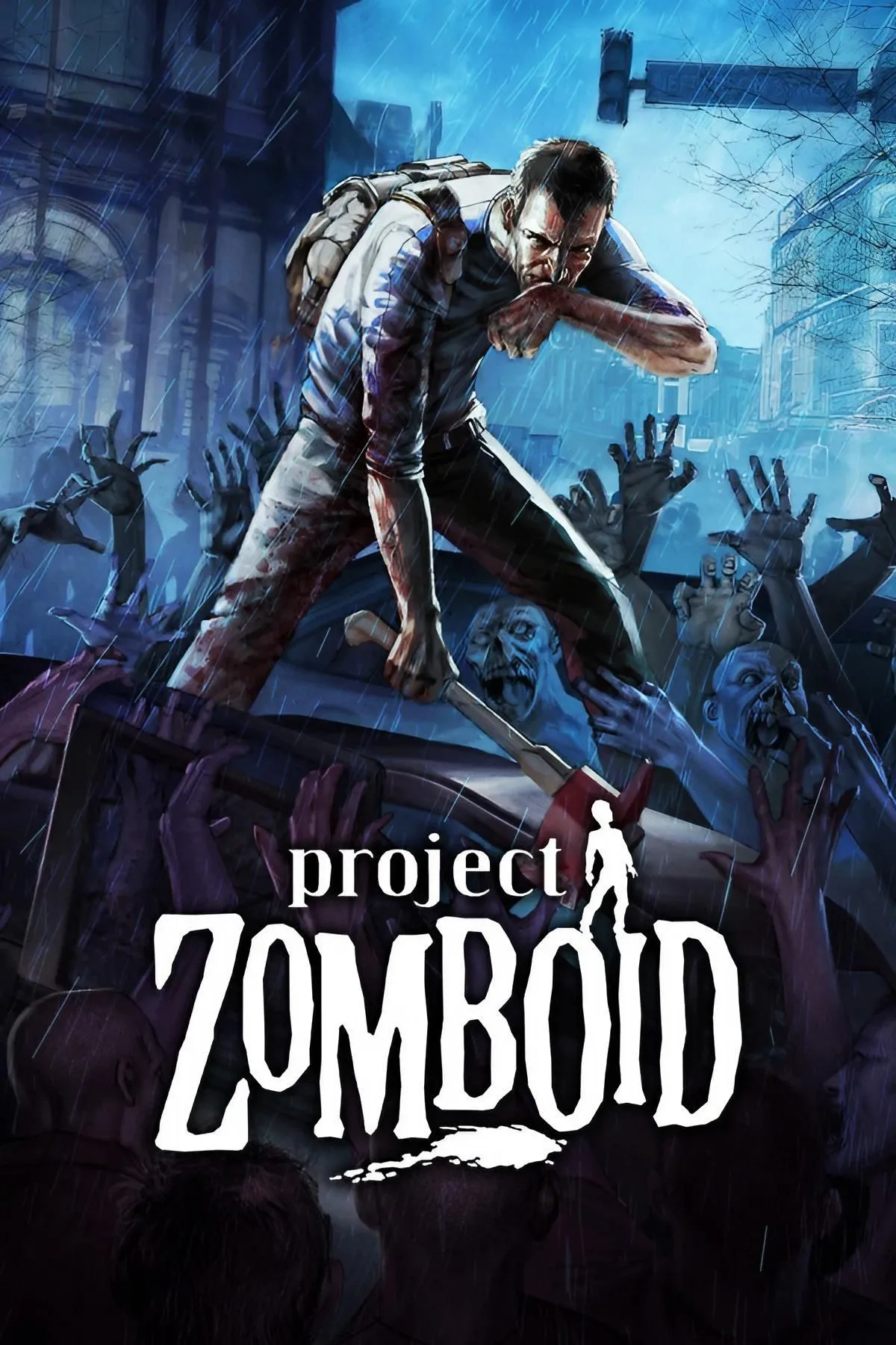 Cảnh quan một thị trấn hoang vắng và đổ nát trong Project Zomboid, thể hiện sự tàn khốc của hậu tận thế
