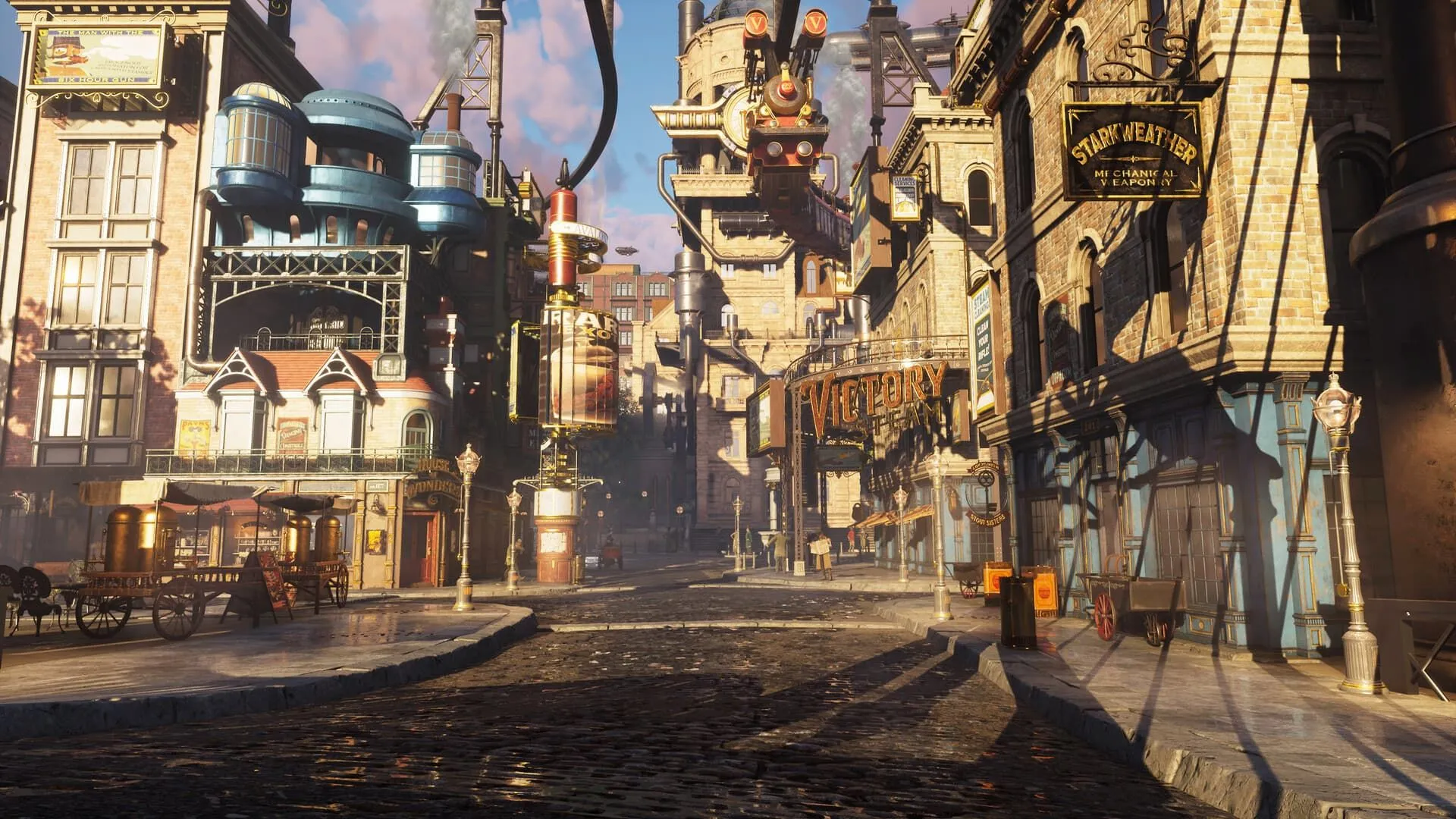 Cảnh quan thành phố mang phong cách steampunk trong game Clockwork Revolution