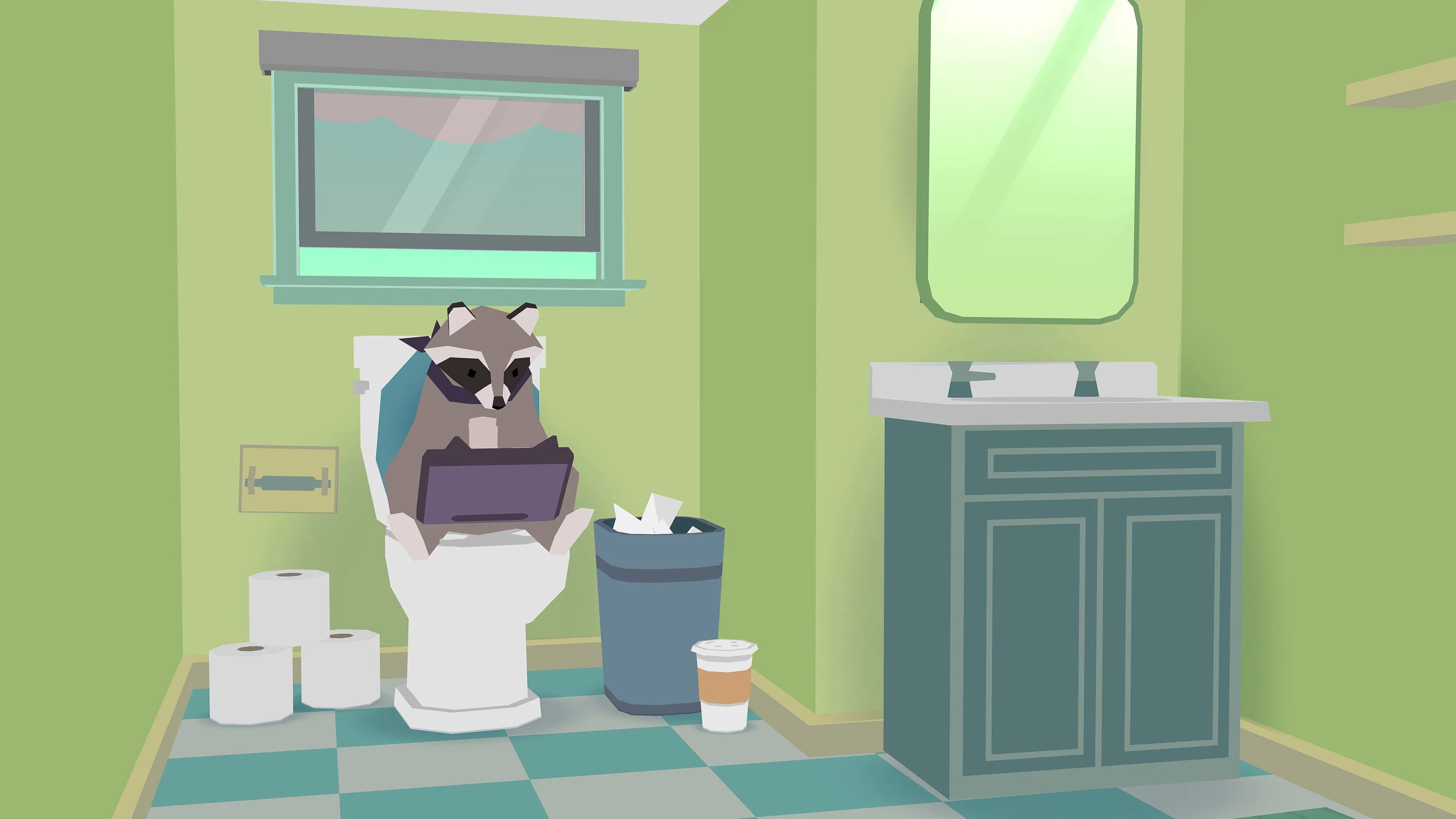 Cảnh trong Donut County với một cái hố khổng lồ đã nuốt gần hết một khu vực đô thị.