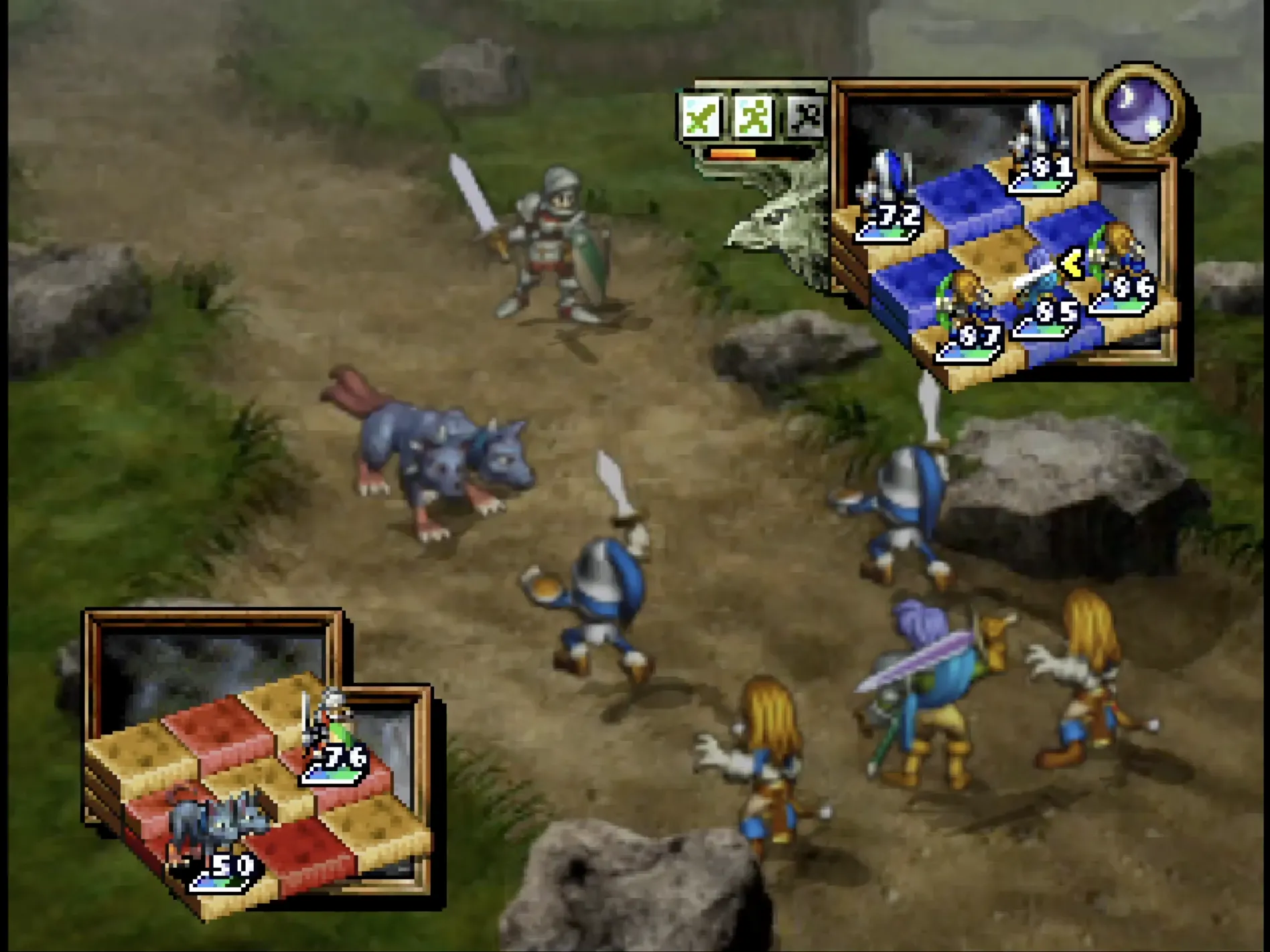 Cảnh trong game RPG chiến thuật Ogre Battle 64, mô tả trận chiến giữa các đơn vị quân đội.
