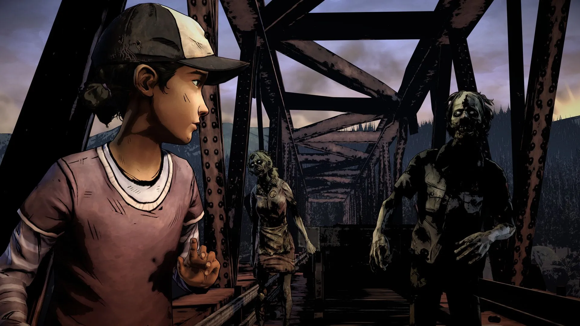 Cảnh trong game The Walking Dead: The Telltale Definitive Series, minh họa tương tác nhân vật và không khí căng thẳng.