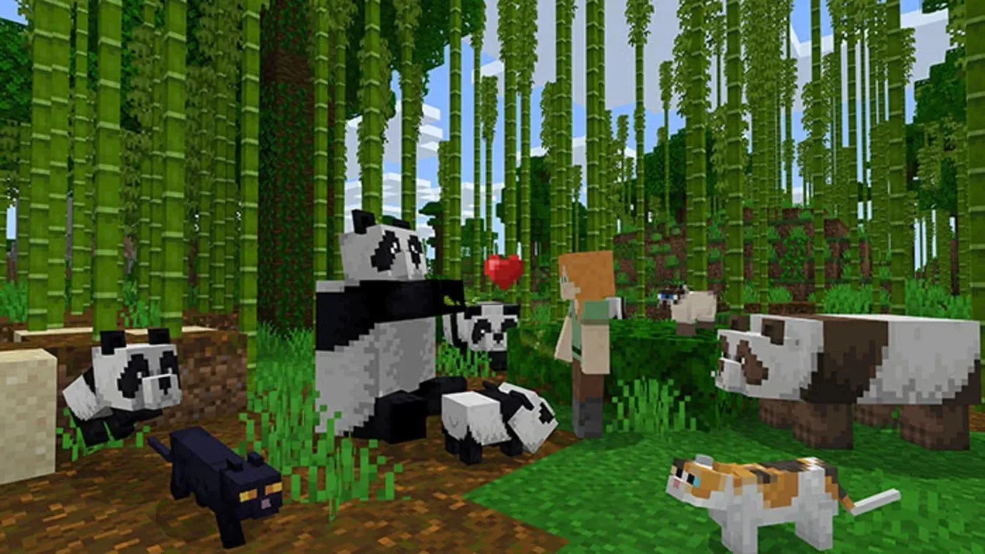 Cảnh tượng gấu trúc và người chơi trong thế giới Minecraft, trải nghiệm xây dựng mượt mà hơn trên Switch 2