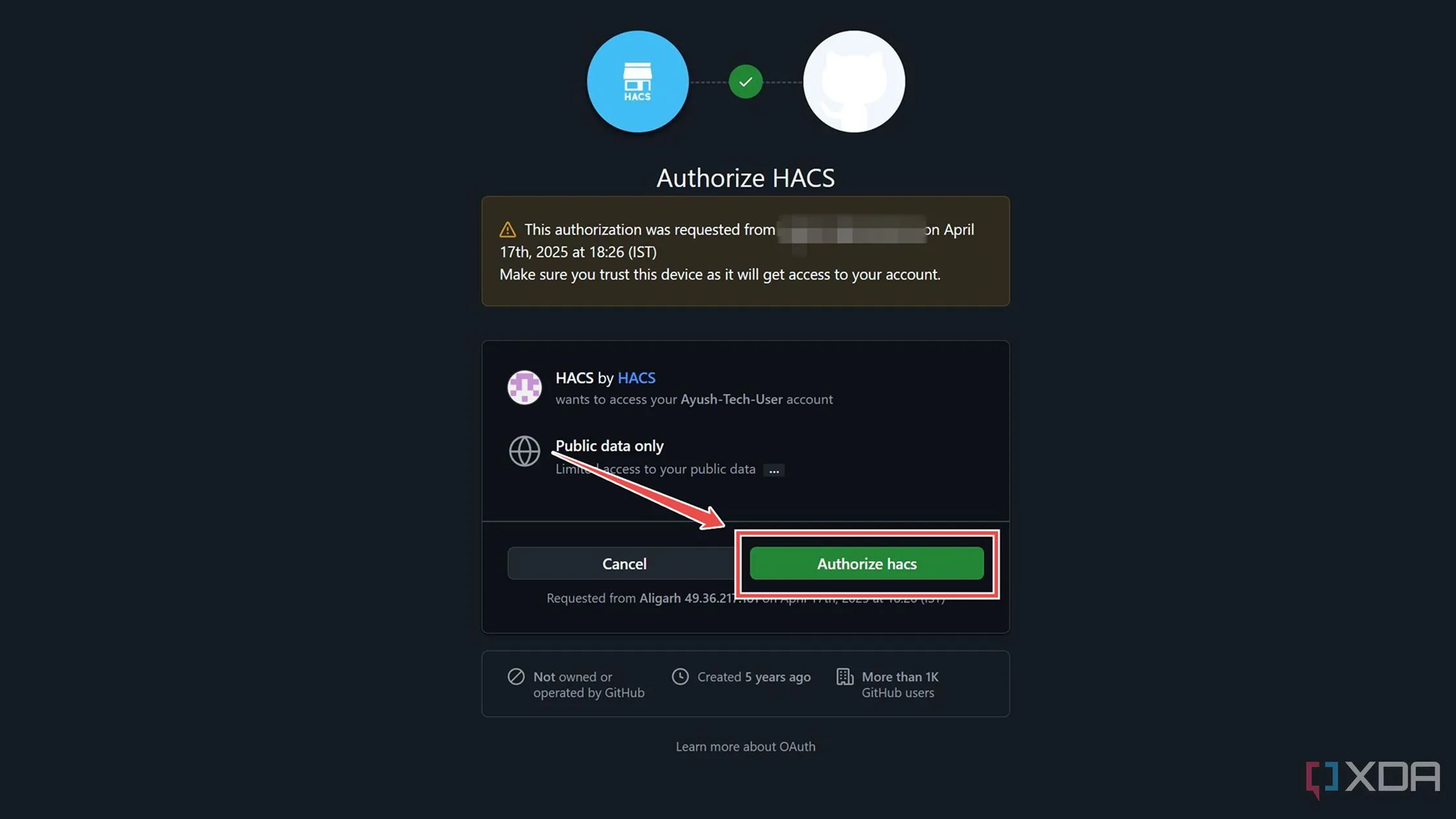 Cấp quyền cho HACS truy cập tài khoản GitHub của bạn để hoàn tất việc tích hợp