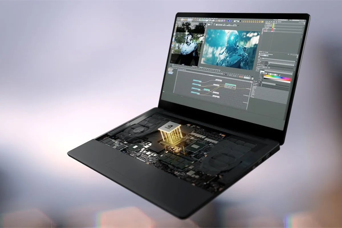 Card đồ họa NVIDIA RTX laptop bên trong máy tính xách tay đang mở