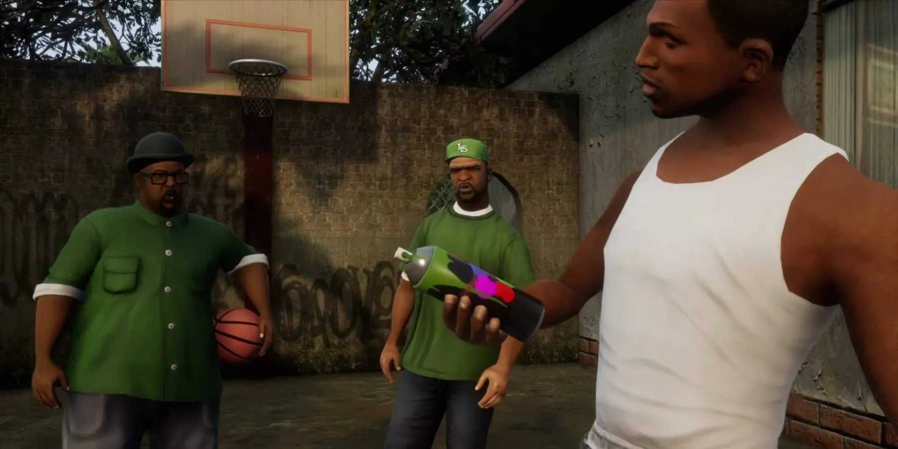 Carl Johnson và các nhân vật trong cảnh chơi bóng rổ của GTA San Andreas