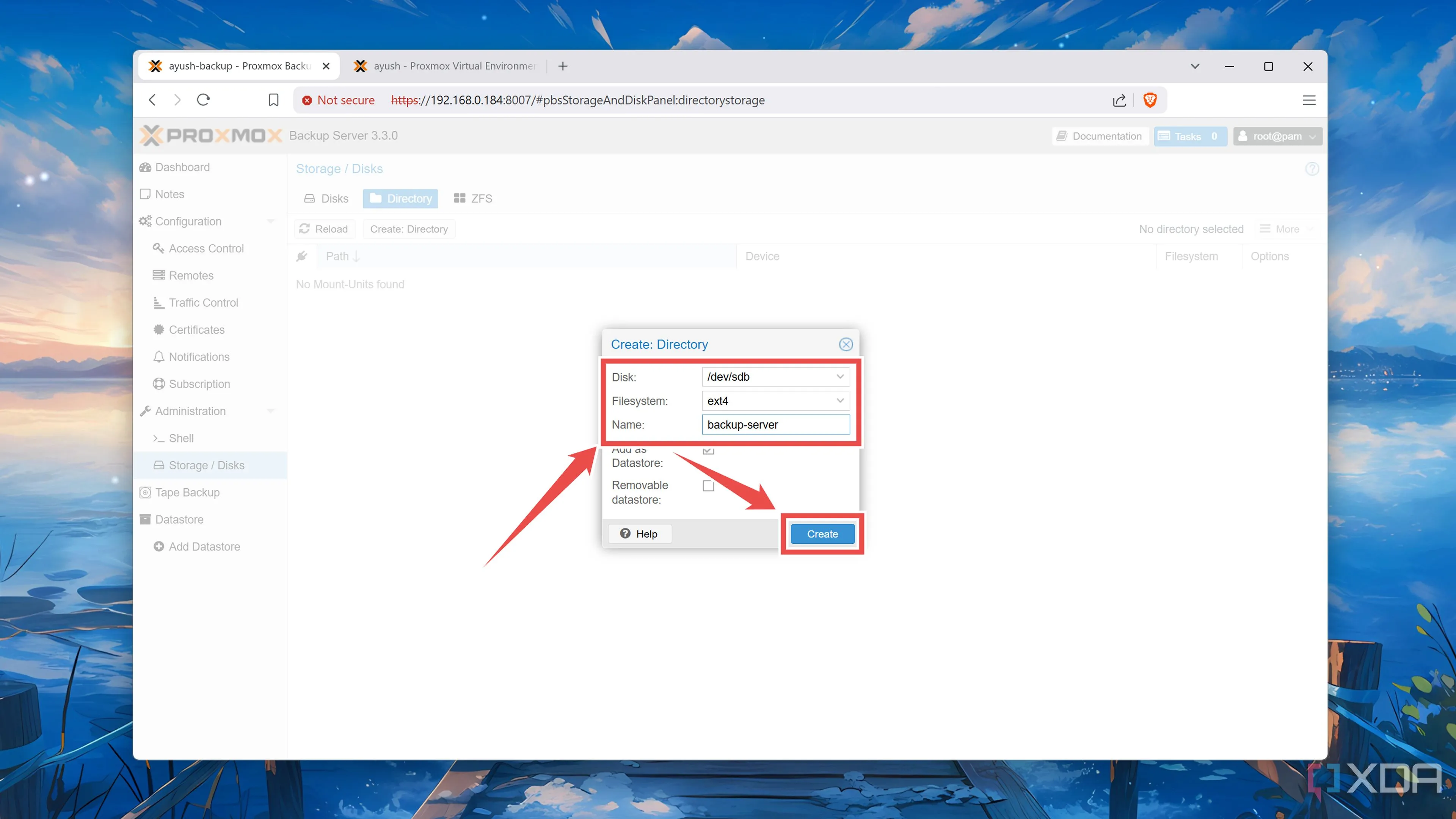 Cấu hình các tùy chọn cho datastore mới bao gồm ổ đĩa, hệ thống tệp và tên