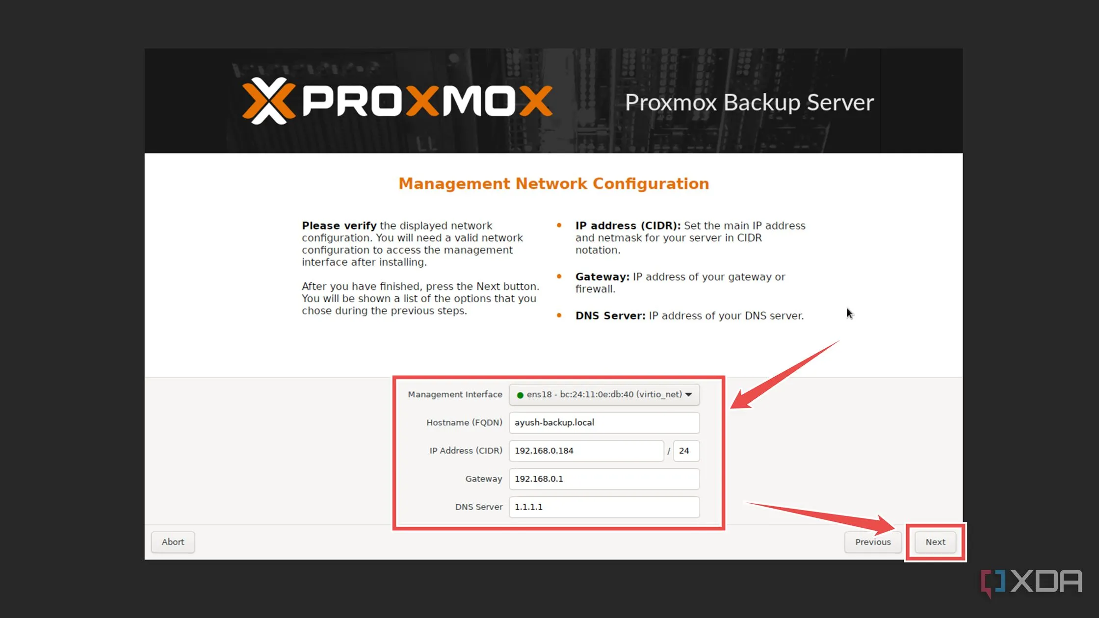 Cấu hình cài đặt mạng, bao gồm địa chỉ IP và DNS cho Proxmox Backup Server