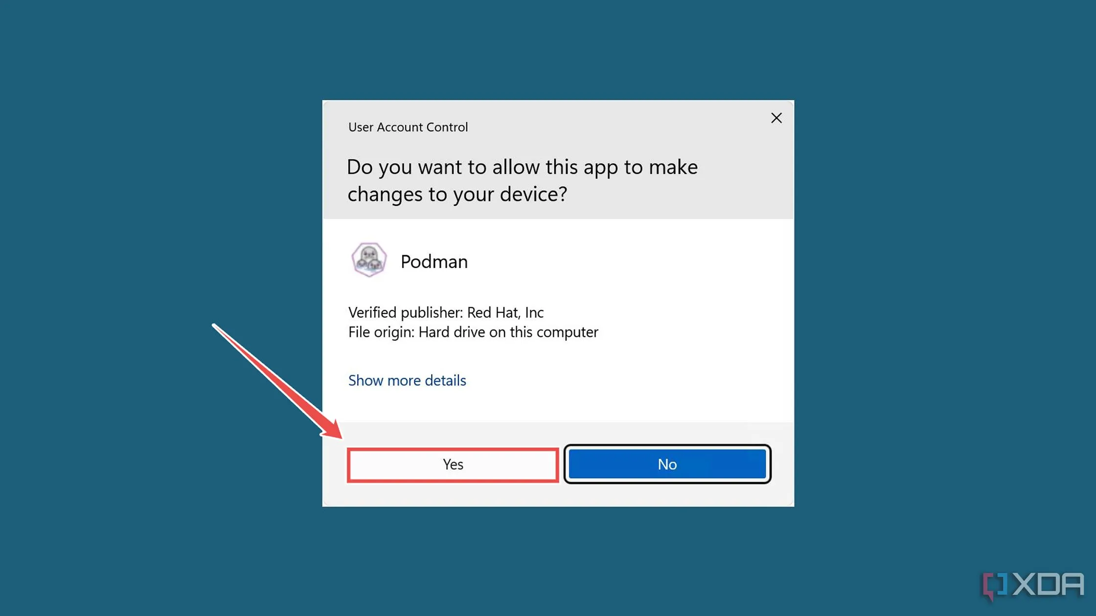 Chấp thuận yêu cầu UAC để hoàn tất cài đặt Podman trên Windows