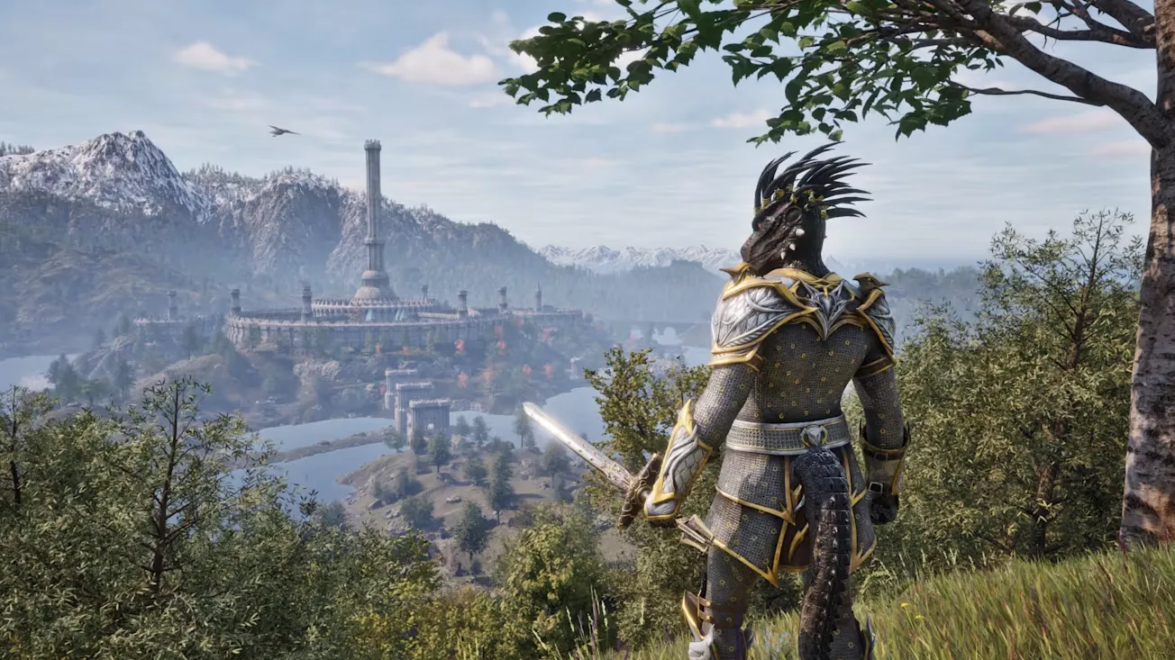 Chiến binh thằn lằn nhìn ra thành phố có tháp cao trong Oblivion Remastered