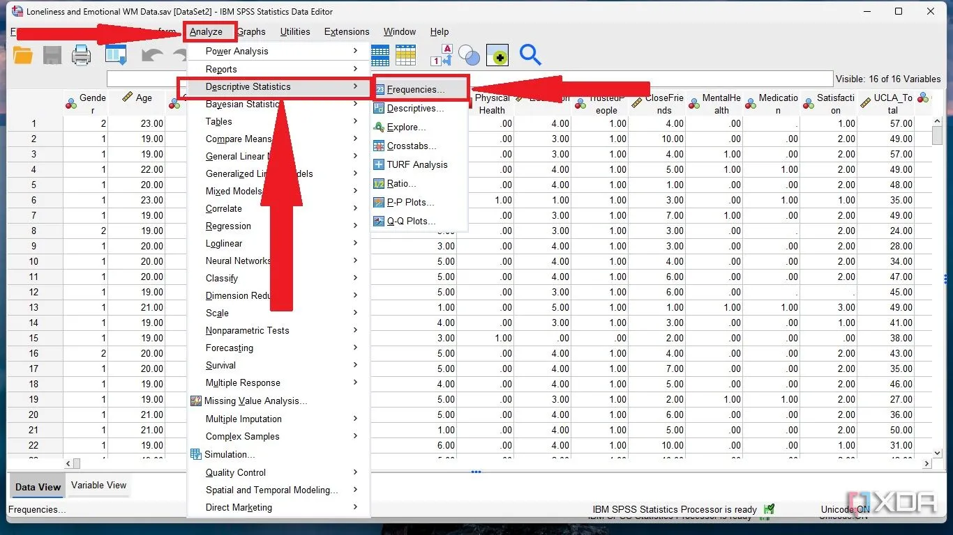 Chọn Analyze (Phân tích) và Descriptive Statistics (Thống kê mô tả) trong SPSS