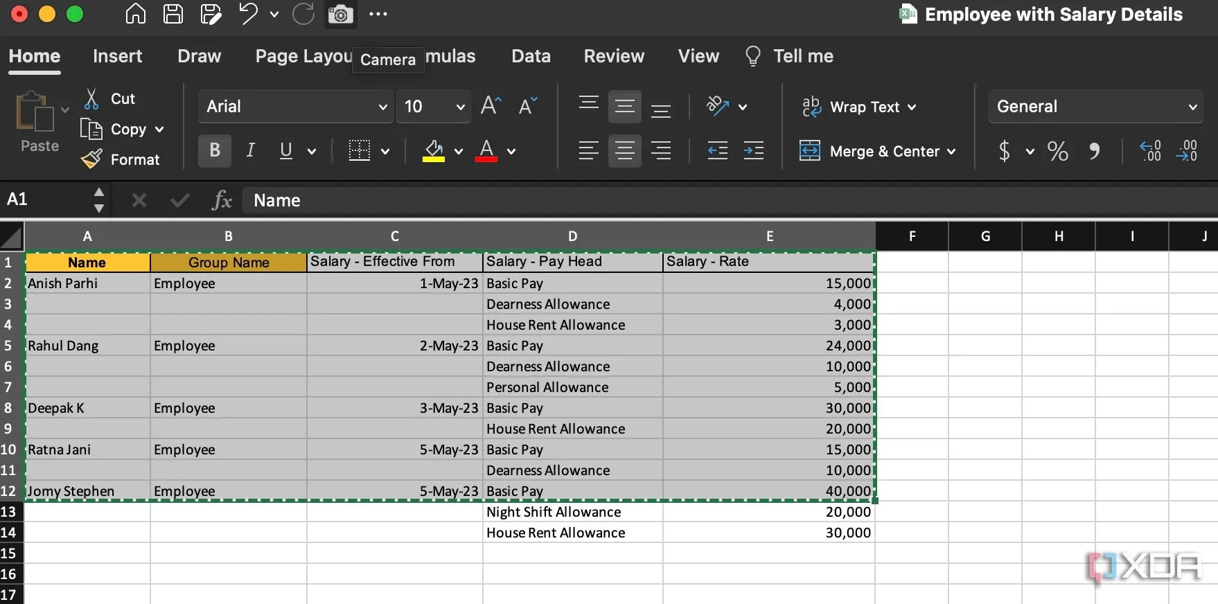 Chọn các ô dữ liệu trong Excel và nhấp vào nút Camera để chụp