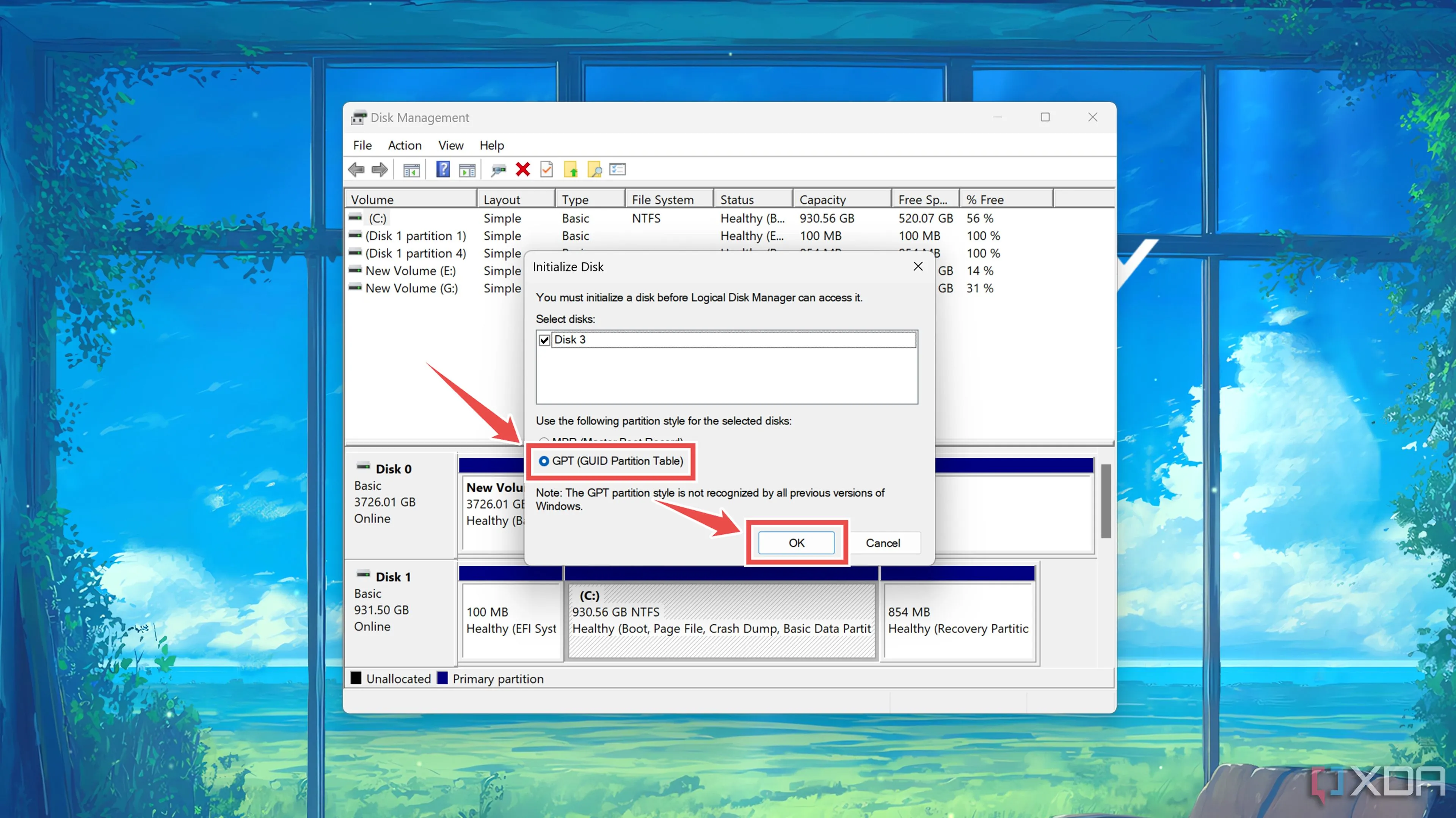 Chọn định dạng GPT trong ứng dụng Disk Management khi khởi tạo ổ đĩa mới