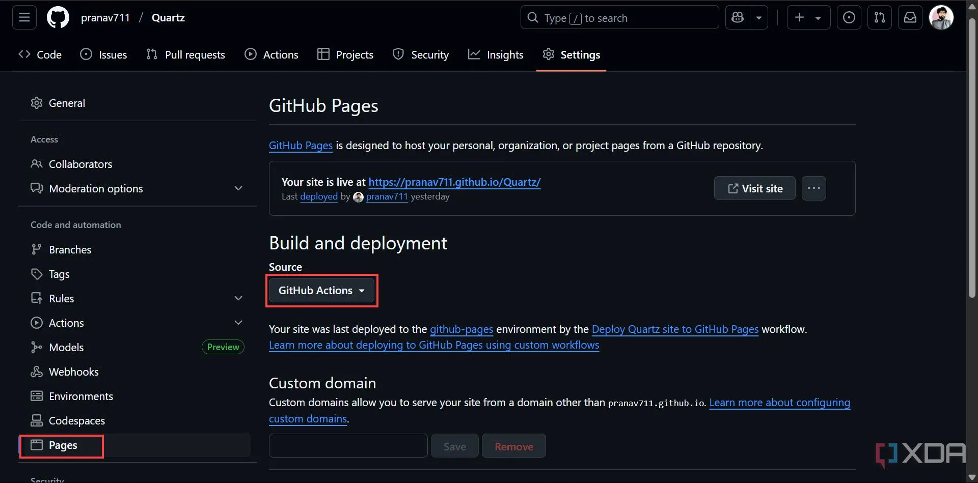 Chọn GitHub Actions làm nguồn cho GitHub Pages để tự động triển khai website Quartz