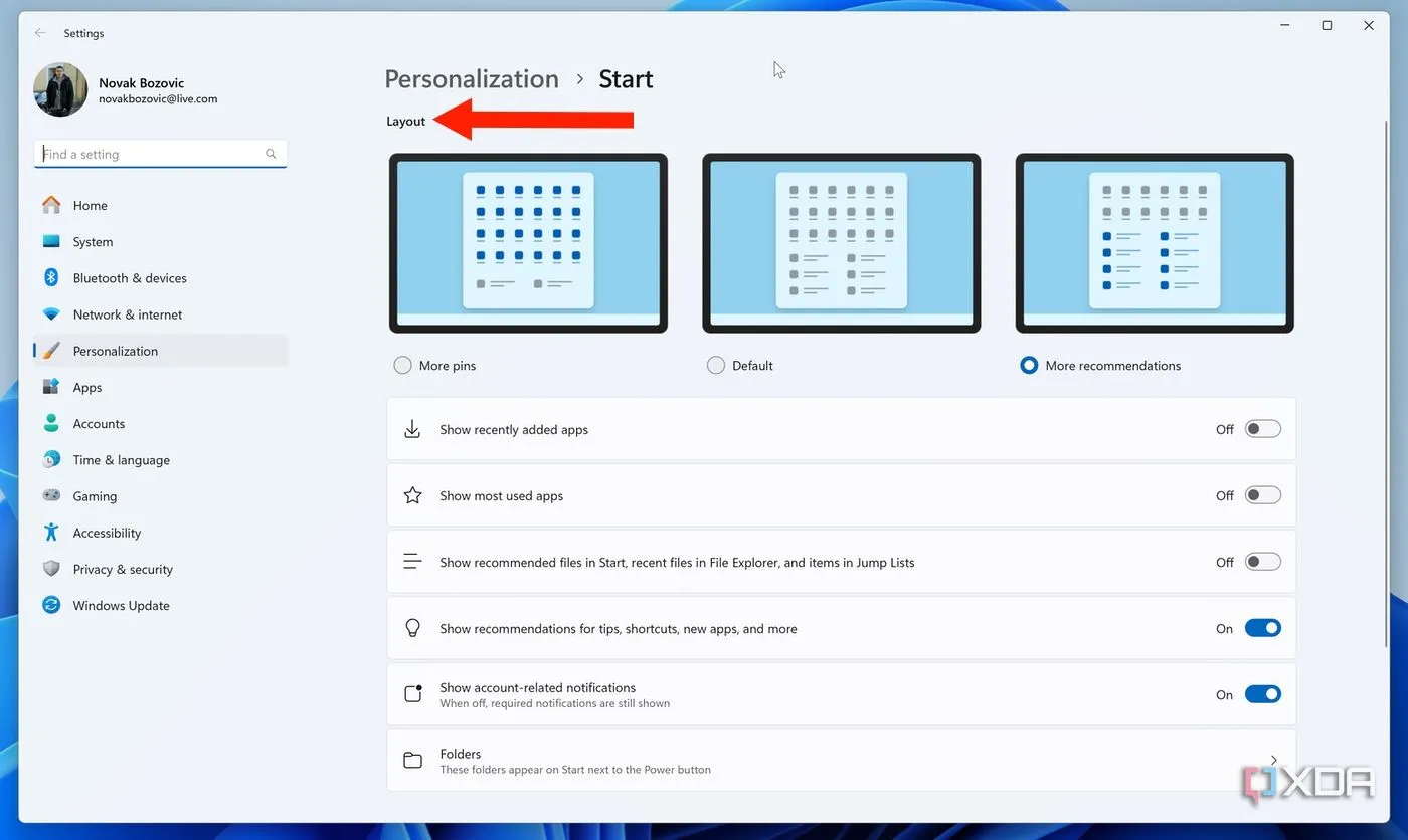 Chọn giữa các bố cục Start menu khác nhau (Mặc định, Nhiều ghim, Nhiều đề xuất) trong ứng dụng Cài đặt