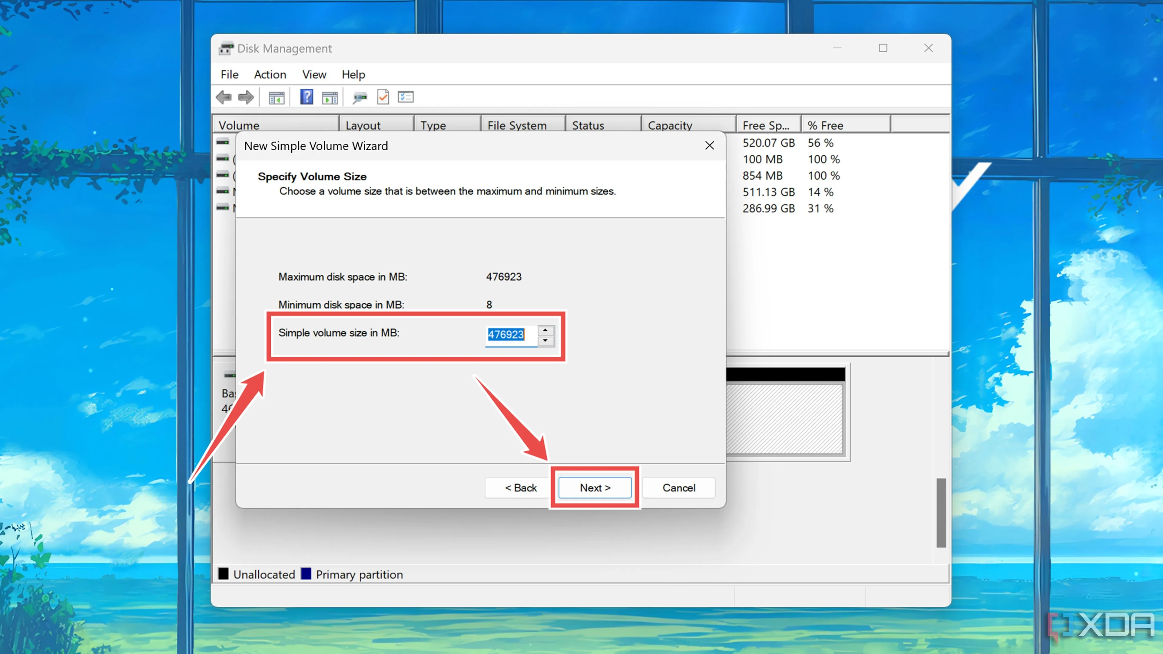 Chọn kích thước phân vùng ổ cứng trong công cụ Disk Management