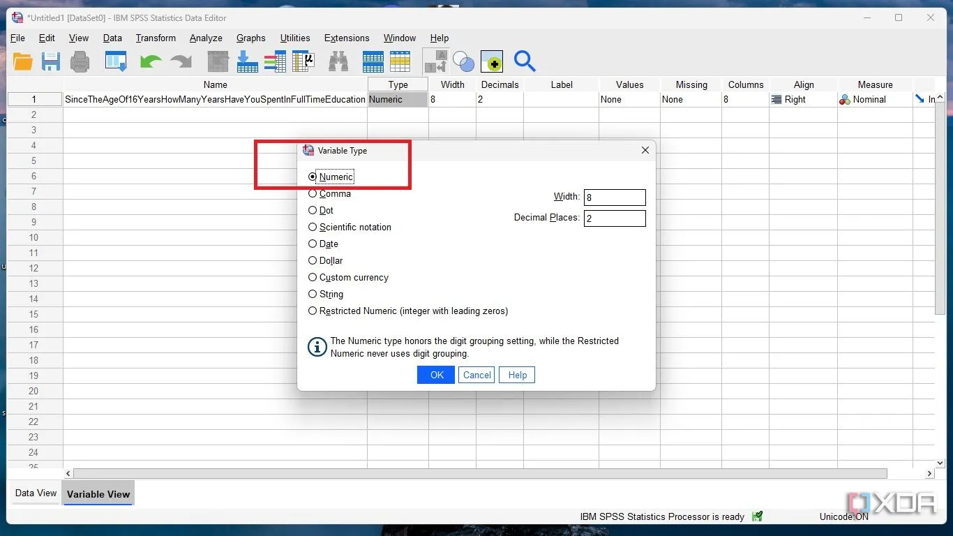 Chọn kiểu dữ liệu Numeric (Số) cho biến trong SPSS