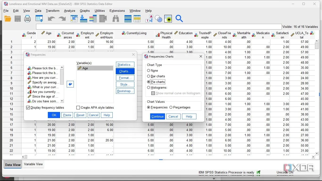 Chọn loại biểu đồ Pie Chart (Biểu đồ tròn) hoặc Histogram trong SPSS