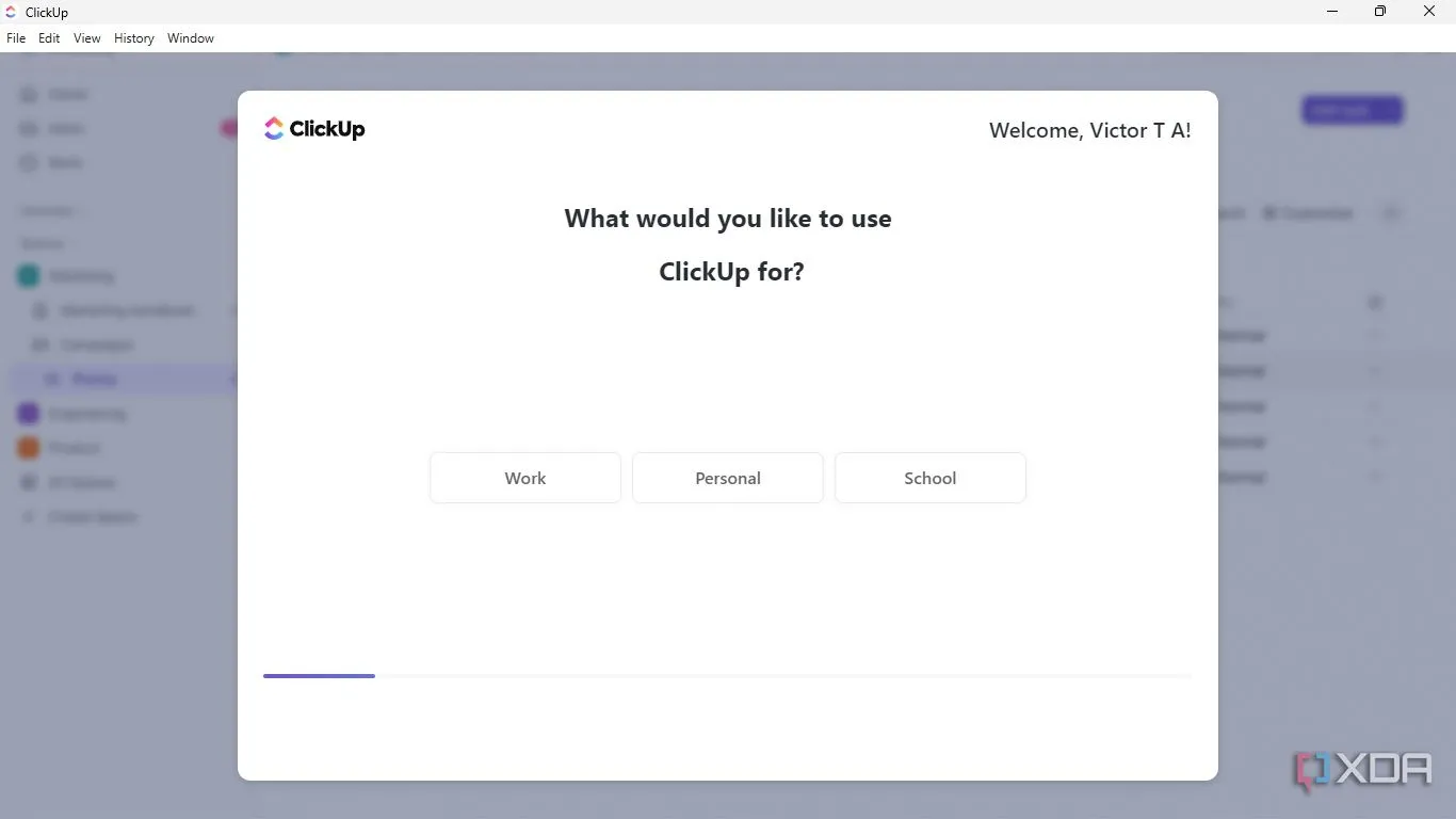 Chọn loại hình dự án bạn muốn quản lý với ClickUp: Công việc, Cá nhân hay Học tập