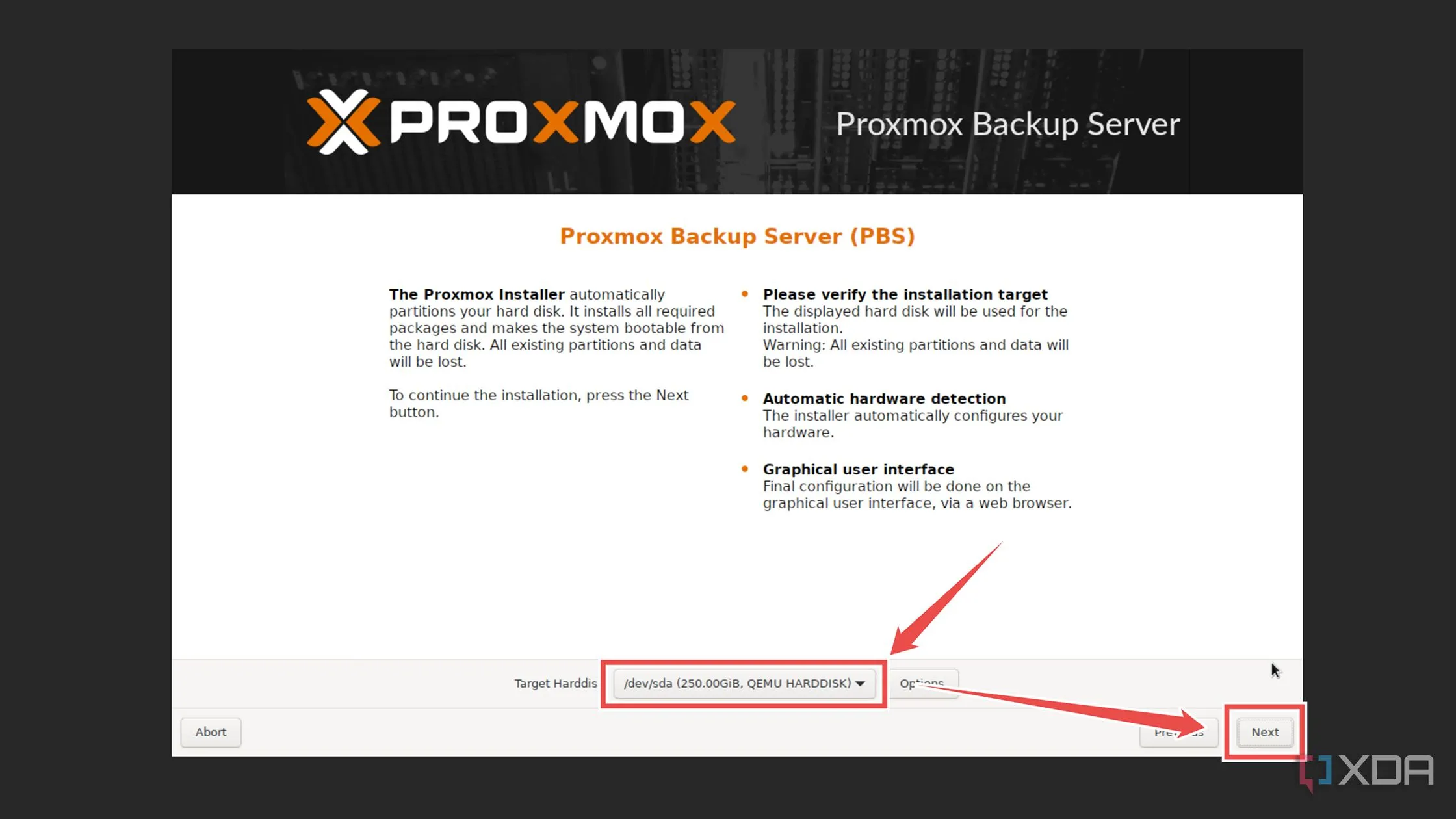 Chọn ổ đĩa sẽ cài đặt hệ điều hành Proxmox Backup Server
