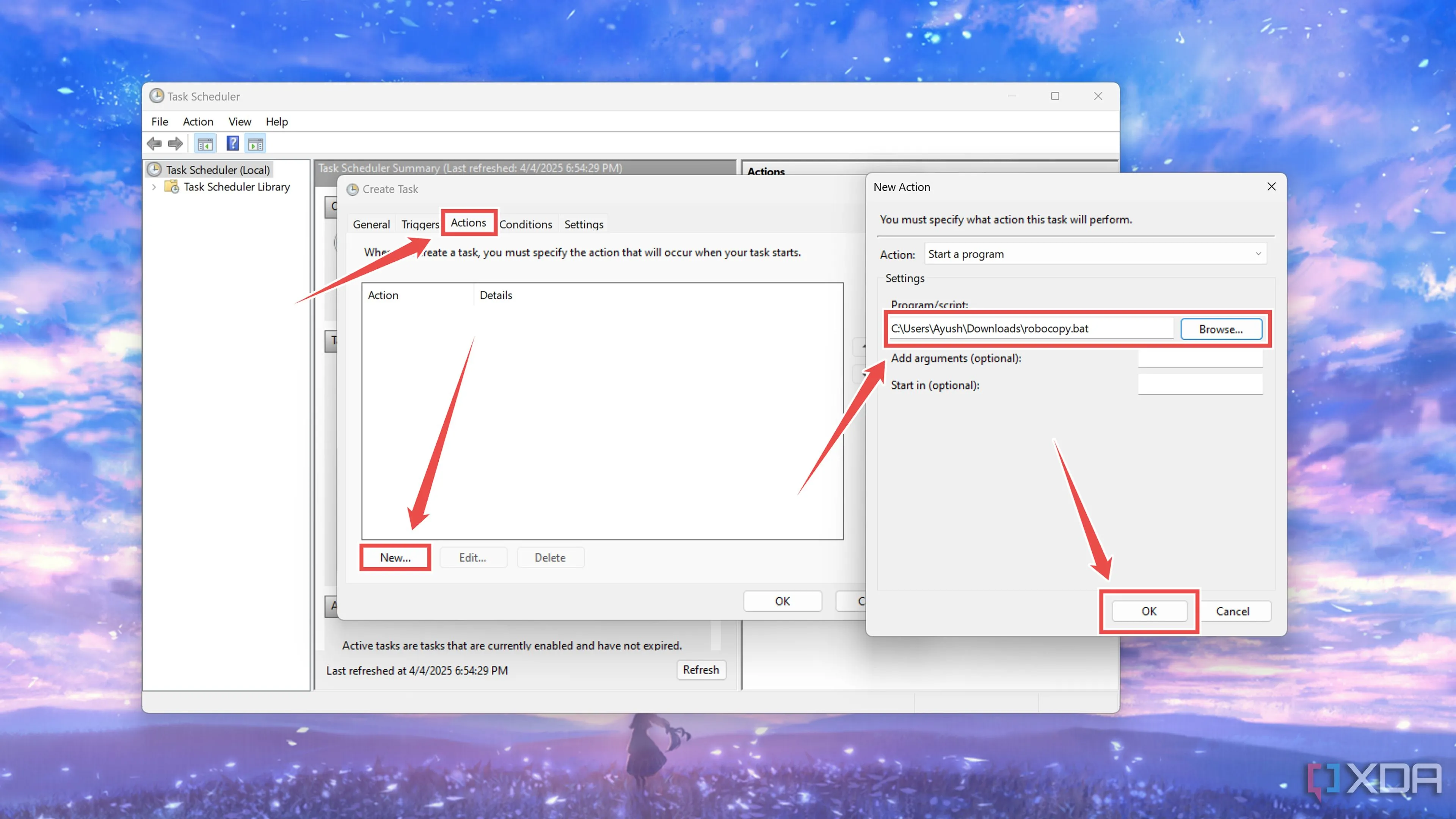 Chọn script Robocopy .bat làm hành động cho Task Scheduler.