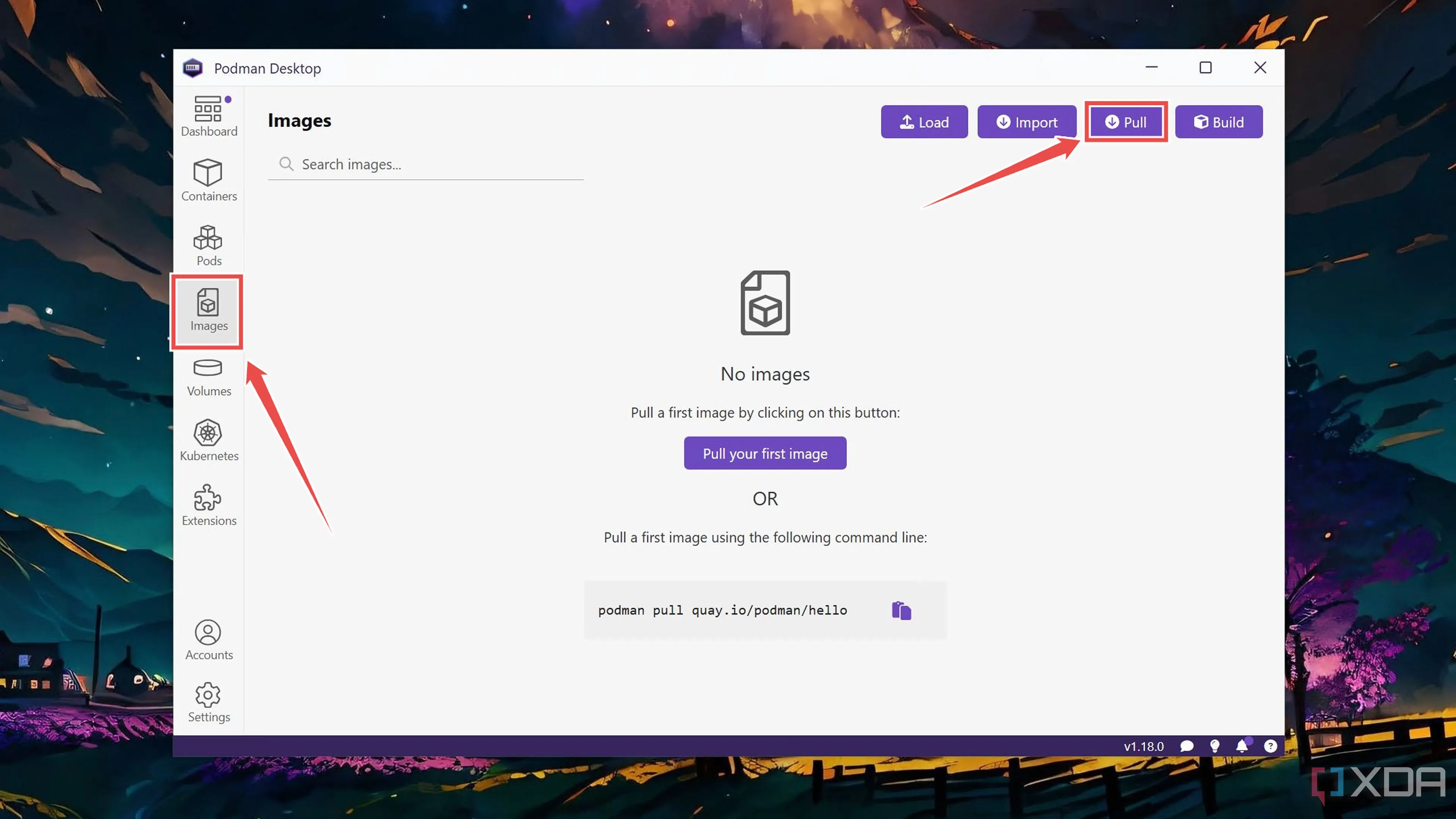 Chọn tab Image và nhấn Pull để kéo image container trong Podman Desktop