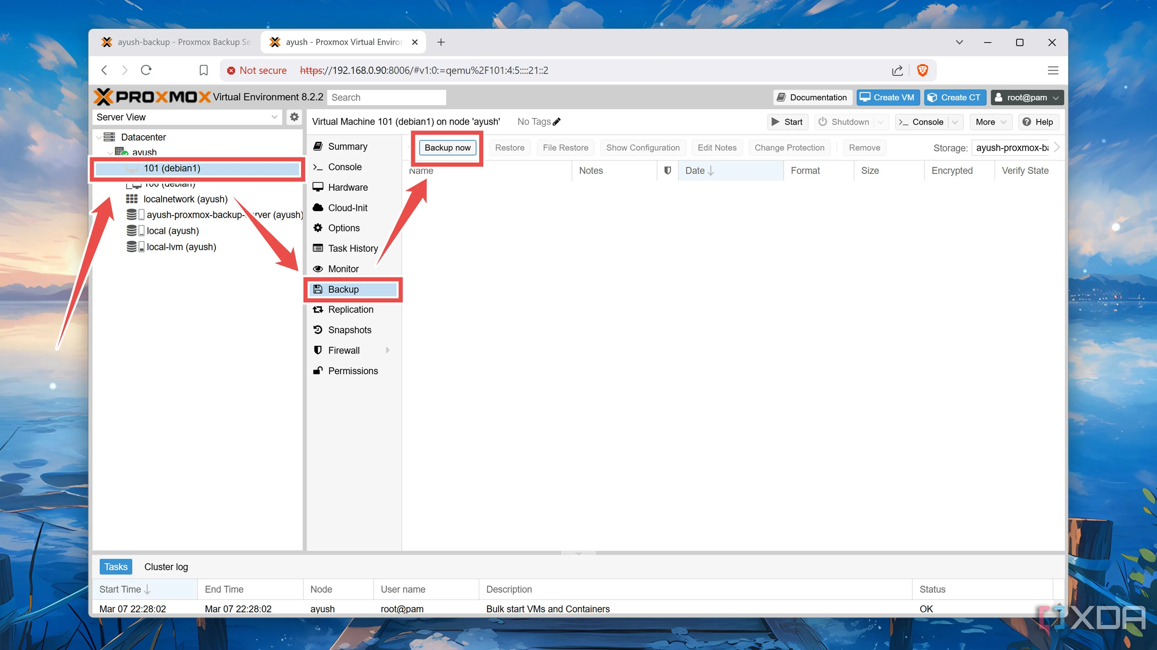 Chọn tùy chọn Create Backup cho một máy ảo cụ thể trong Proxmox VE để bắt đầu sao lưu