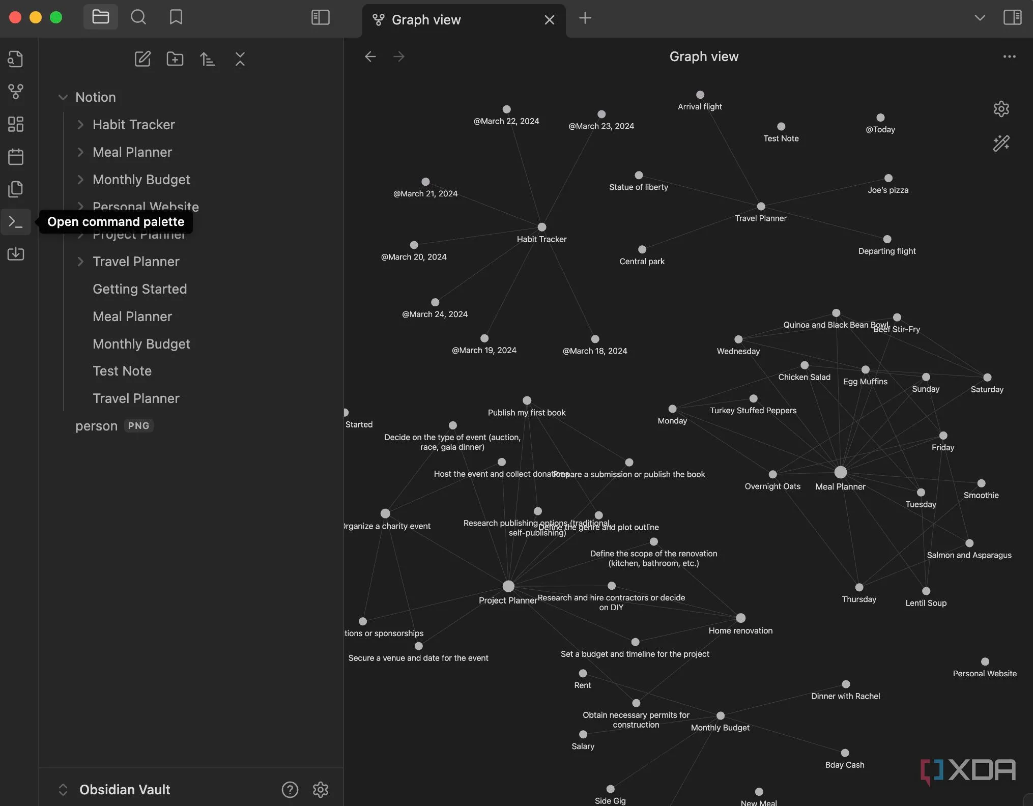 Chức năng Graph View của Obsidian hiển thị mối liên kết giữa các ghi chú