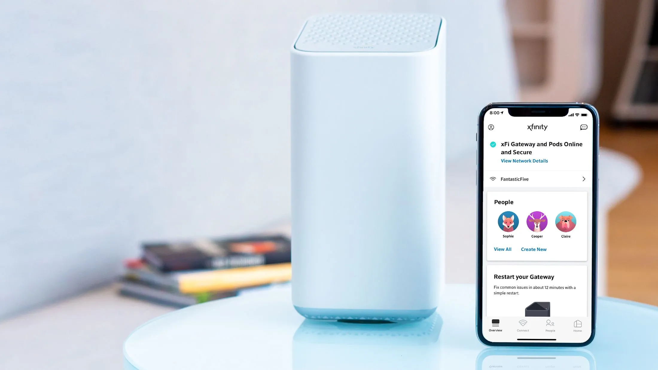 Cổng Internet Xfinity XFi và giao diện điều khiển ứng dụng, thể hiện thiết bị ISP