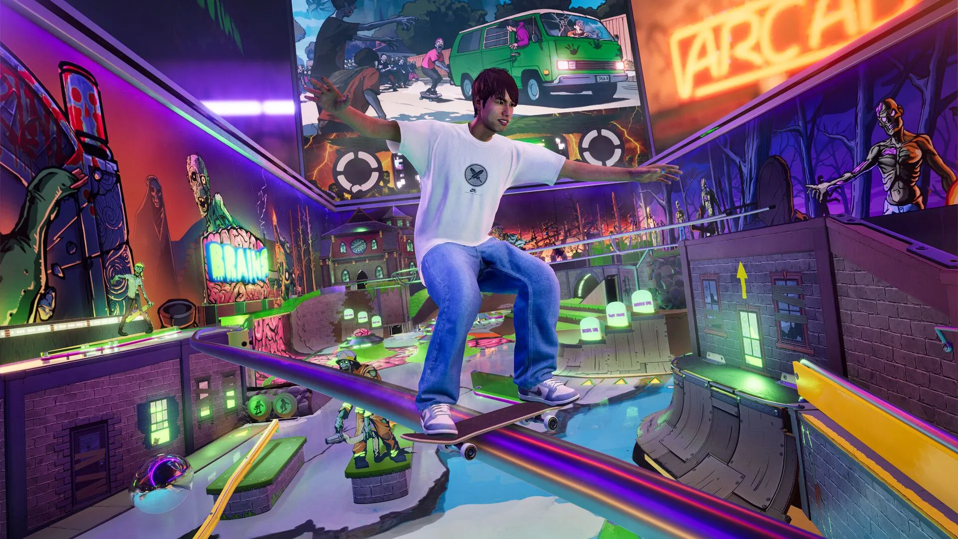 Công viên Pinball trong Tony Hawk's Pro Skater 3 + 4 với nhiều đường dốc và chướng ngại vật sáng tạo, mời gọi các màn trình diễn