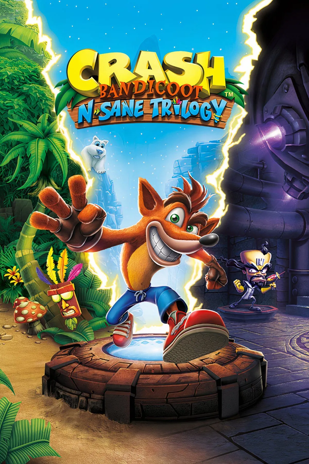 Crash Bandicoot nhảy qua chướng ngại vật trong phiên bản remaster N. Sane Trilogy với đồ họa HD sống động.