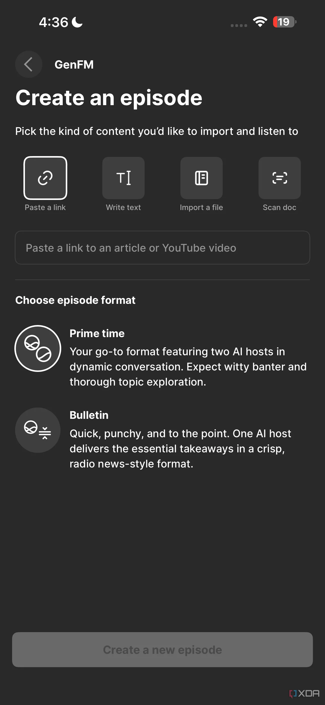Create an episode genFM option in ElevenReader
