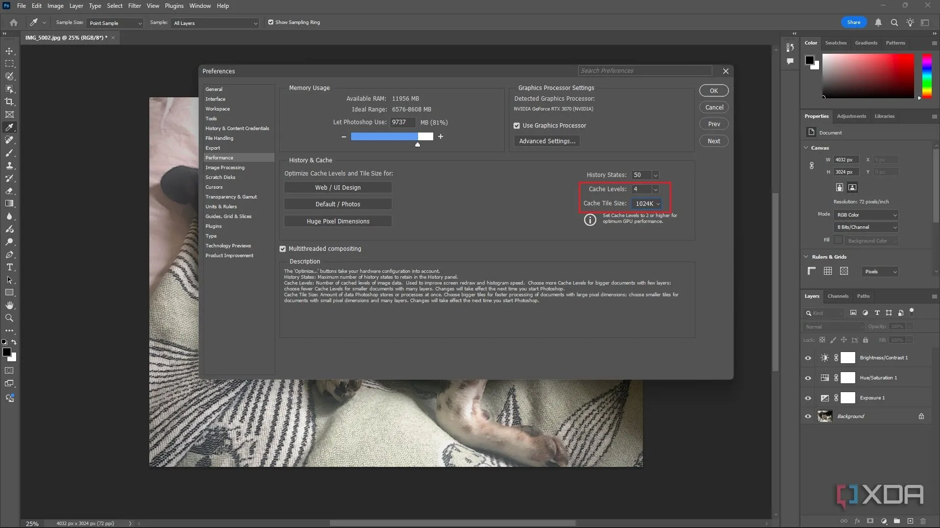 Cửa sổ cài đặt Hiệu suất trong Photoshop, hiển thị tùy chọn Cache Levels và Cache Tile Size để điều chỉnh hiệu năng.