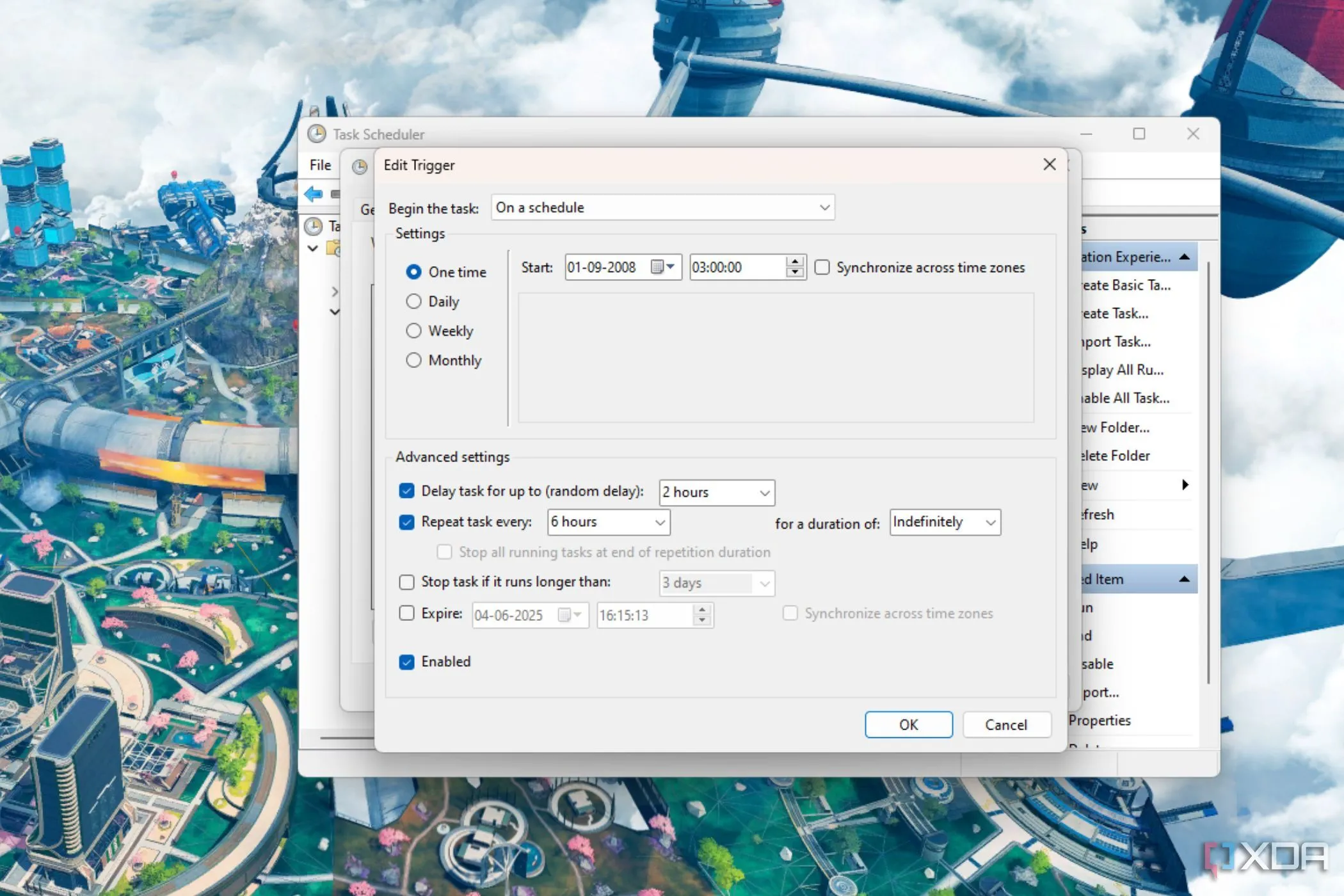 Cửa sổ &quot;Chỉnh sửa Trigger&quot; trong Windows Task Scheduler, thiết lập thời gian chạy cho một tác vụ
