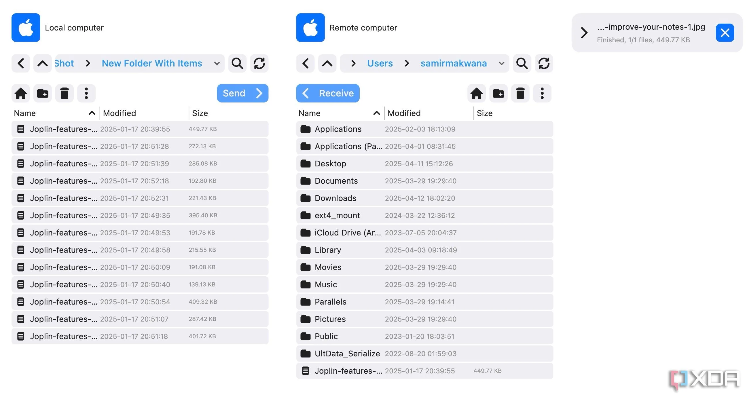 Cửa sổ chuyển tệp của RustDesk, minh họa tính năng chia sẻ và di chuyển dữ liệu giữa các máy tính từ xa