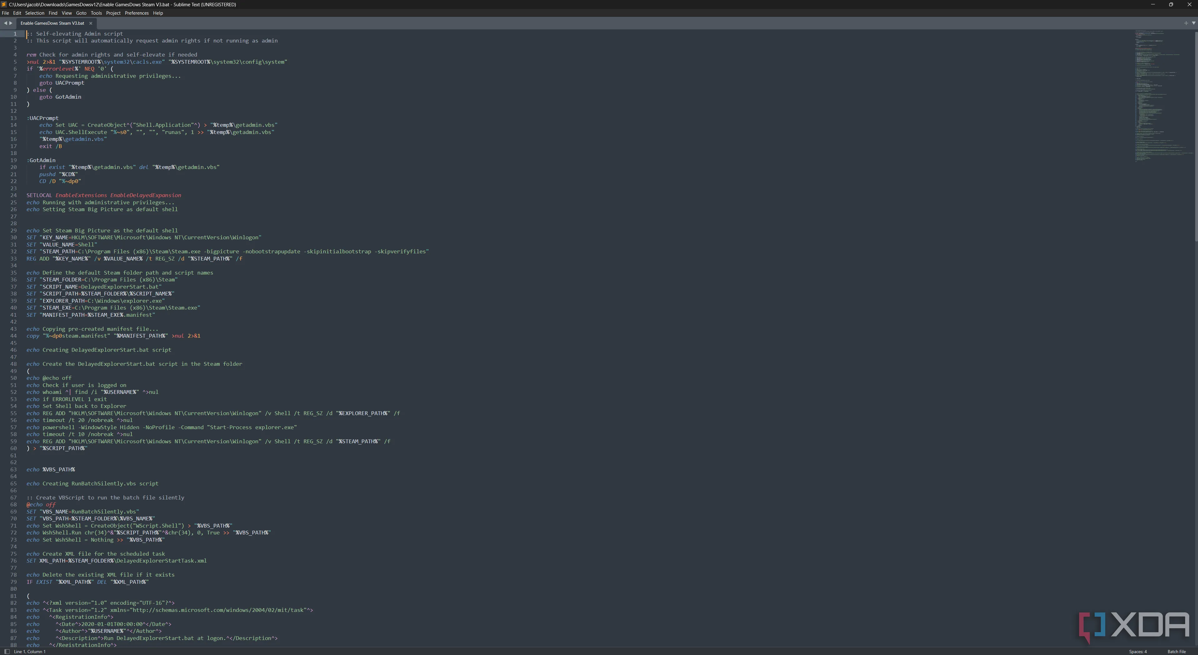 Cửa sổ Sublime Text hiển thị nội dung file batch của GameDows, giúp người dùng kiểm tra mã nguồn.
