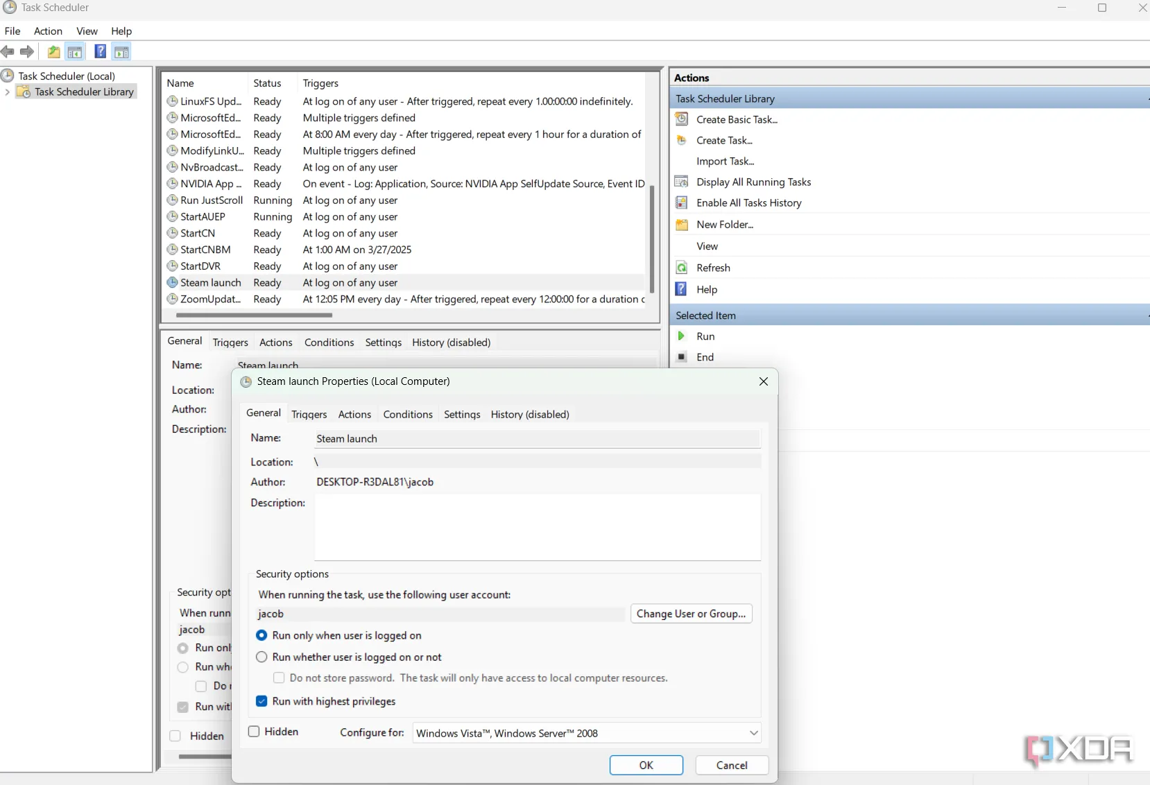 Cửa sổ Task Scheduler của Windows, minh họa cách tạo tác vụ tự động để khởi chạy Steam.