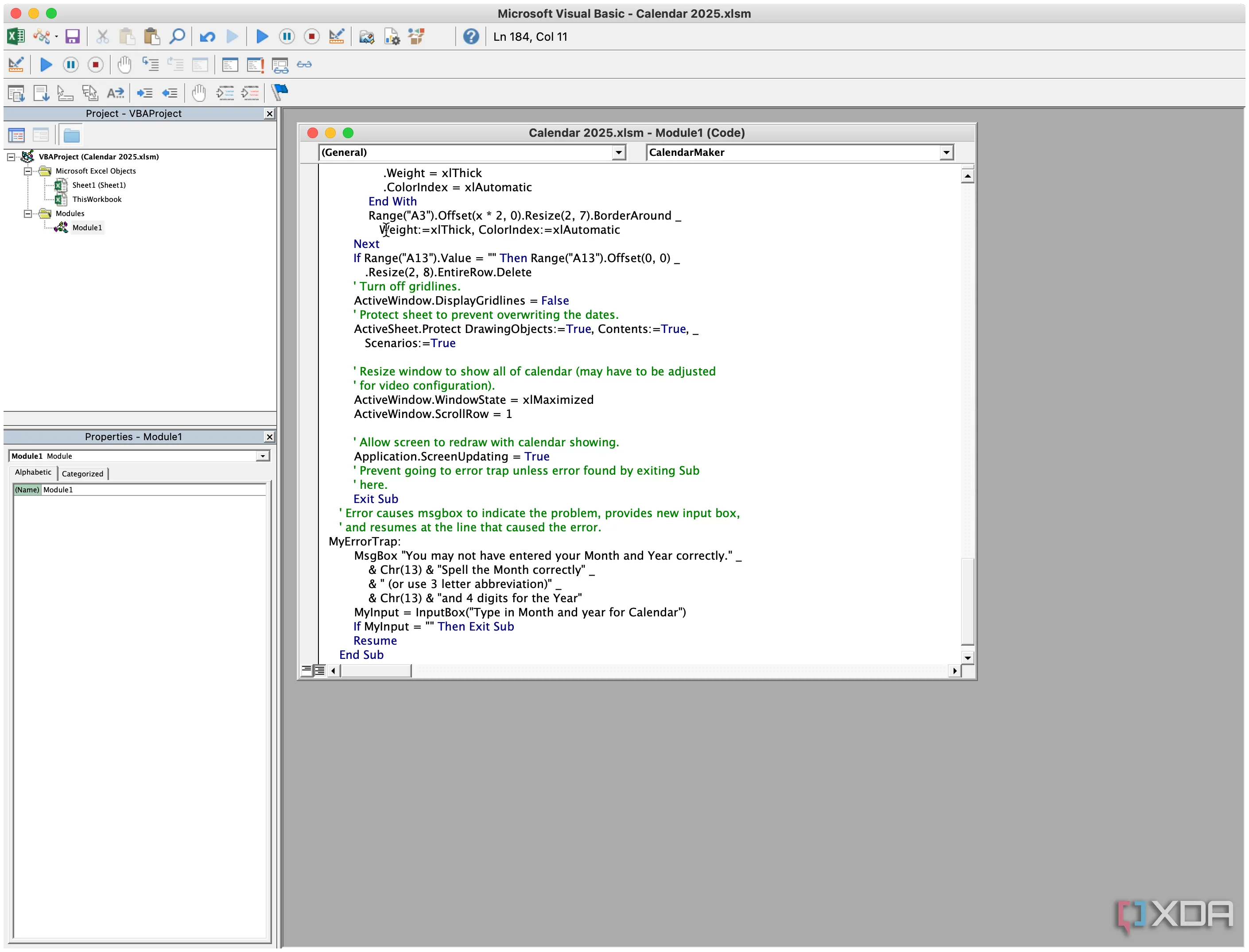 Cửa sổ Visual Basic for Applications (VBA) trong Excel hiển thị mã để tạo macro tự động hóa