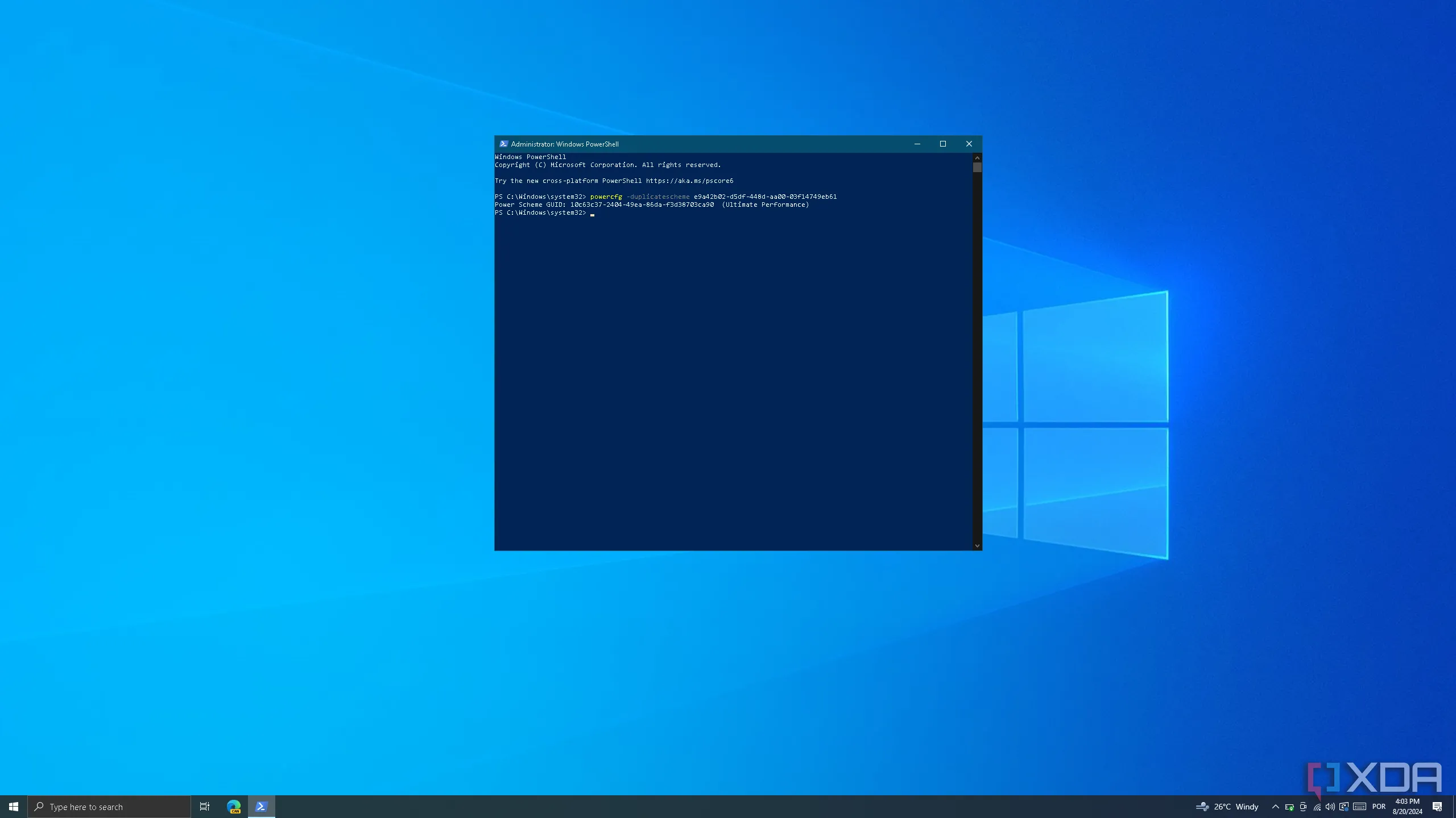 Cửa sổ Windows PowerShell trên Windows 10 đang chạy lệnh kích hoạt chế độ hiệu suất cao Ultimate Performance