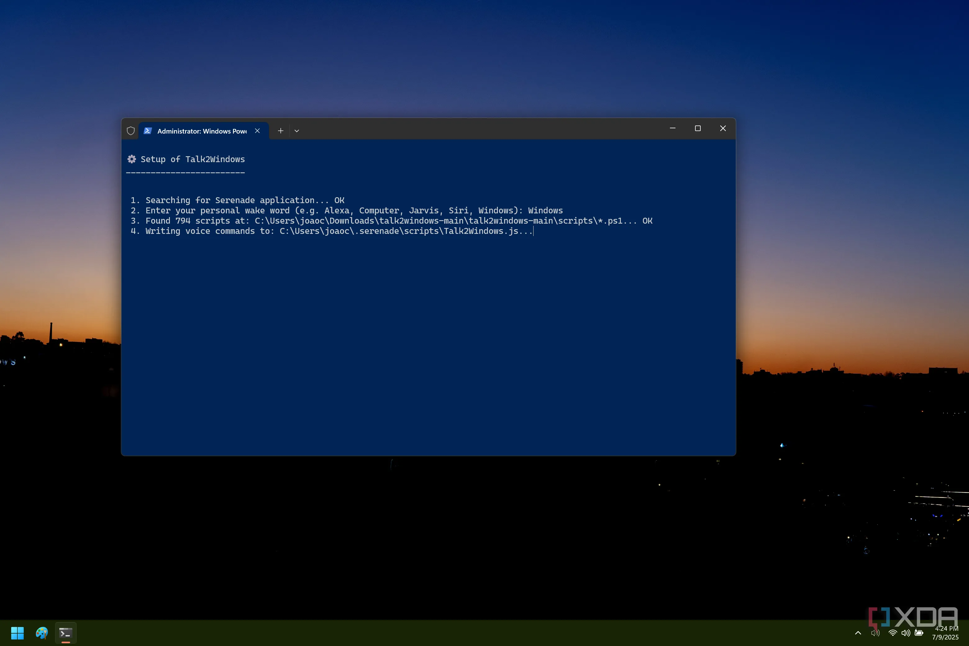 Cửa sổ Windows Terminal chạy script cài đặt lệnh nhận diện giọng nói cho Talk2Windows