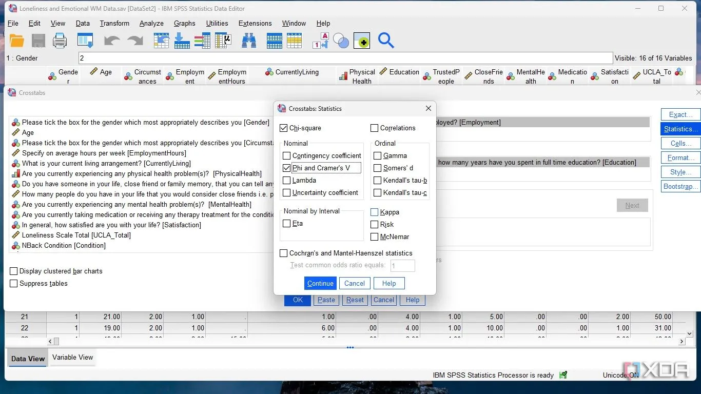 Đánh dấu chọn Chi-square và Cramér's V trong hộp thoại Statistics của SPSS
