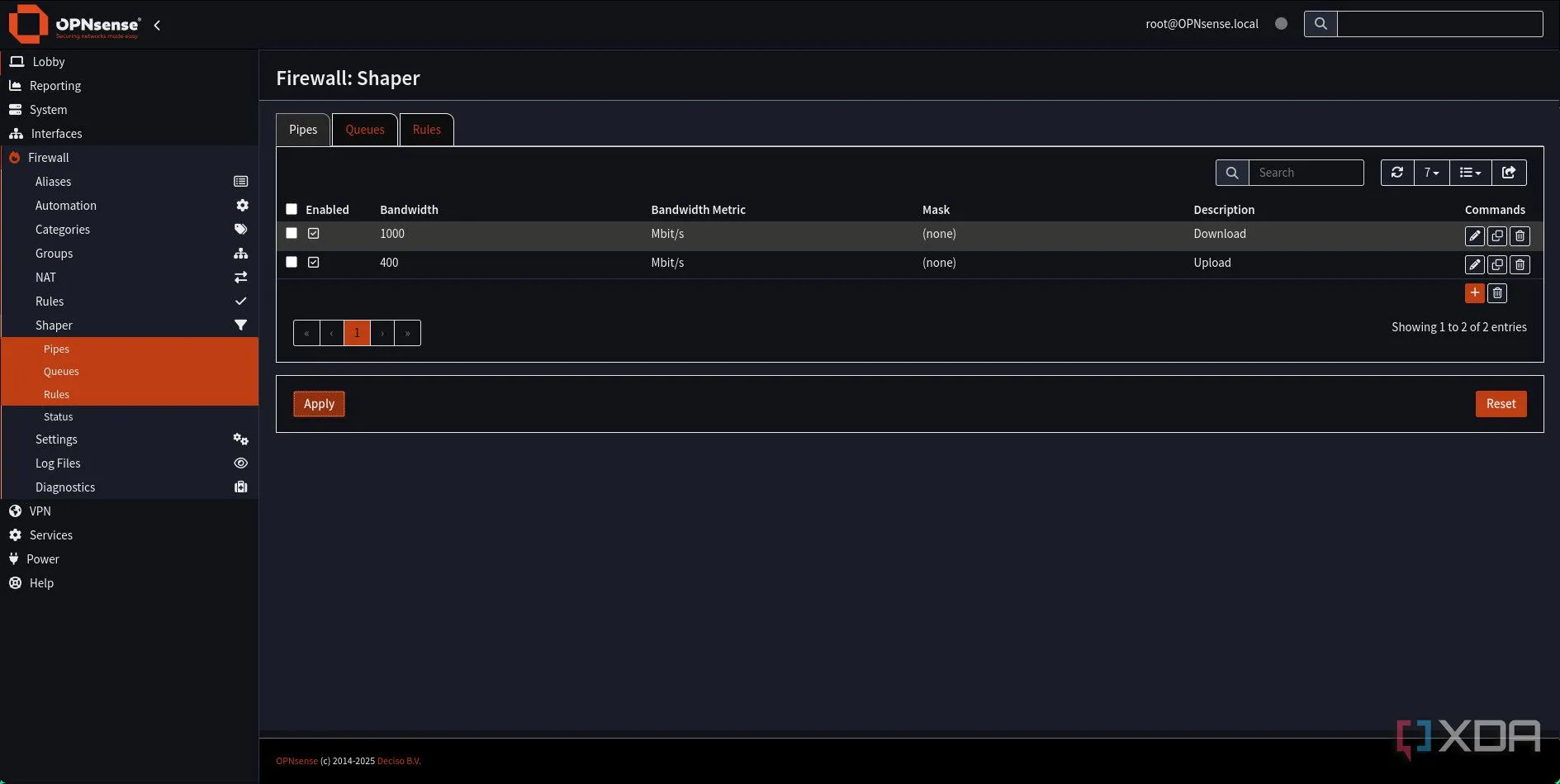 Danh sách các Pipes (Download, Upload) đã được thêm vào Traffic Shaper OPNsense