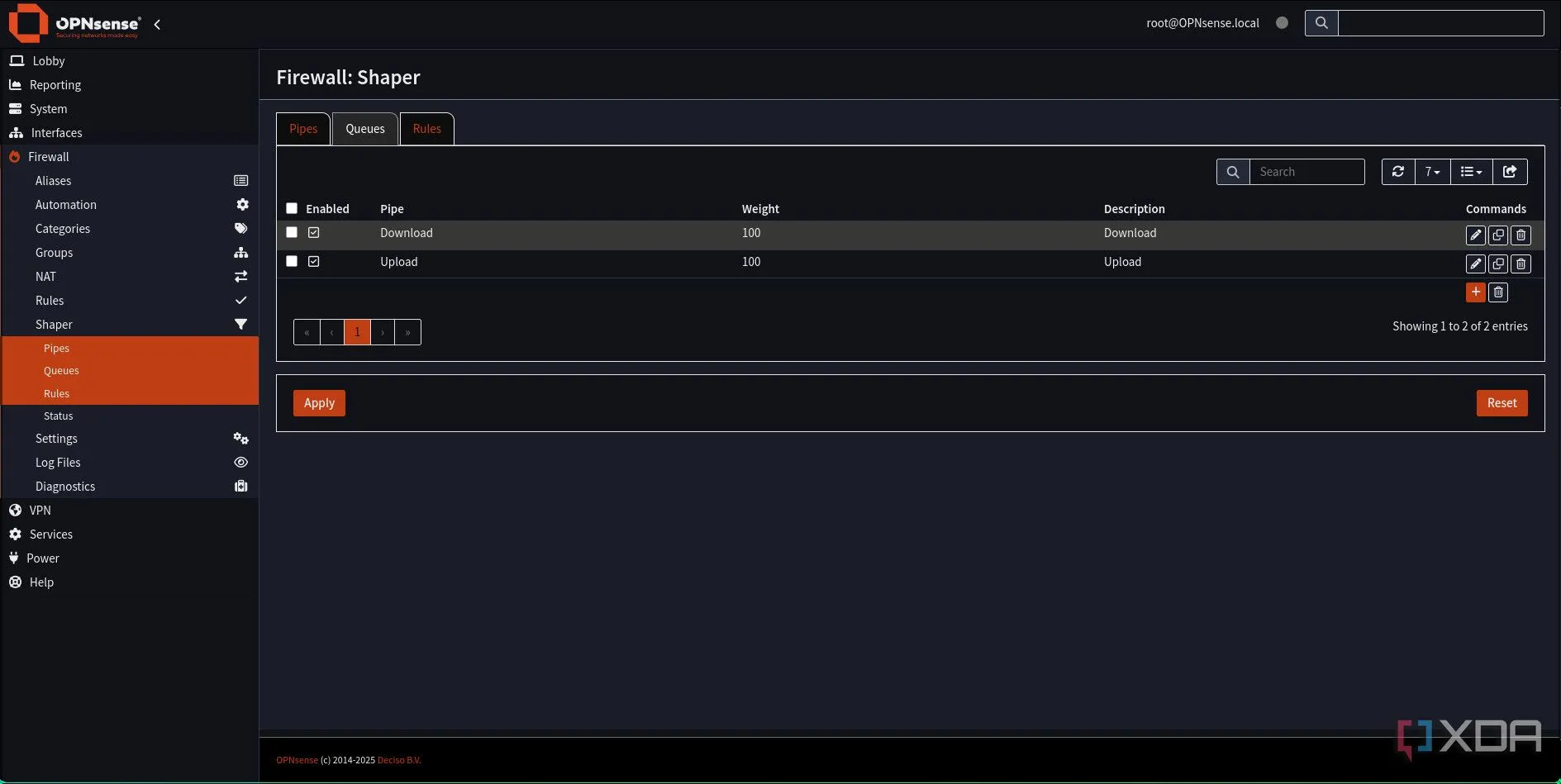 Danh sách các Queues (Download Queue, Upload Queue) đã được thêm vào Traffic Shaper OPNsense