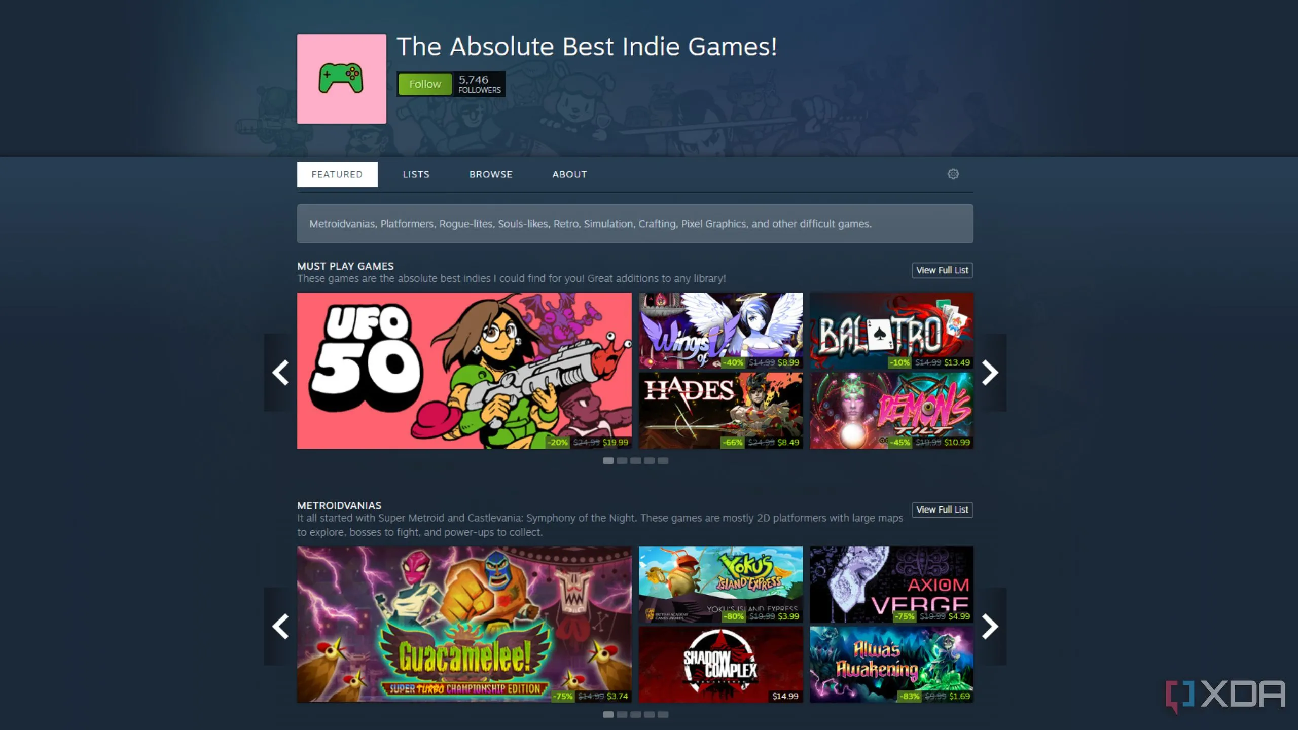 Danh sách phát các game indie chọn lọc trên Steam, minh họa sự hiện diện mạnh mẽ của game indie trên nền tảng kỹ thuật số.