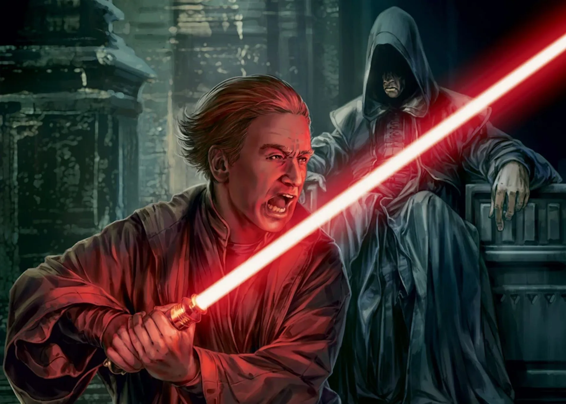 Darth Plagueis đang huấn luyện Palpatine trẻ tuổi, trích từ sách Jedi vs. Sith: The Essential Guide to the Force, mô tả mối quan hệ thầy trò Sith.