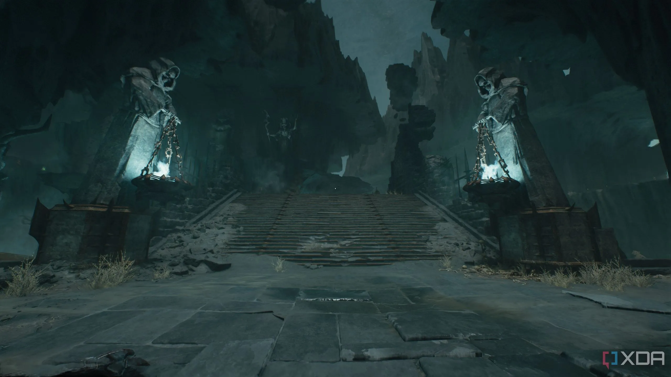 Đấu trường lớn với các bức tượng và cầu thang trong Chương 19 Doom The Dark Ages