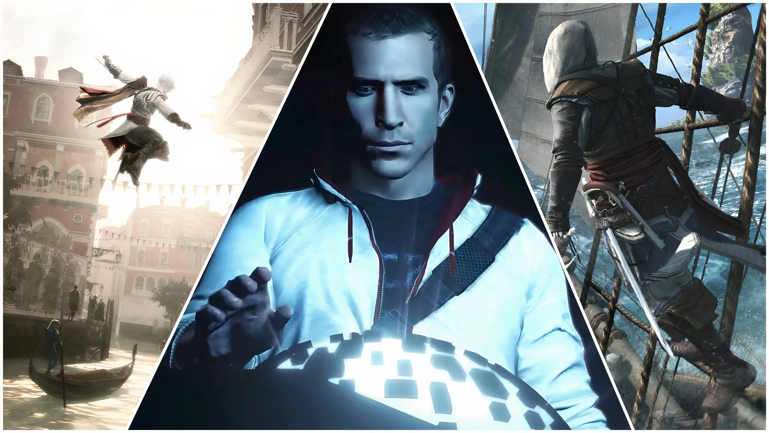Desmond Miles đứng giữa Ezio Auditore và Edward Kenway, biểu tượng kết nối trong Assassin's Creed