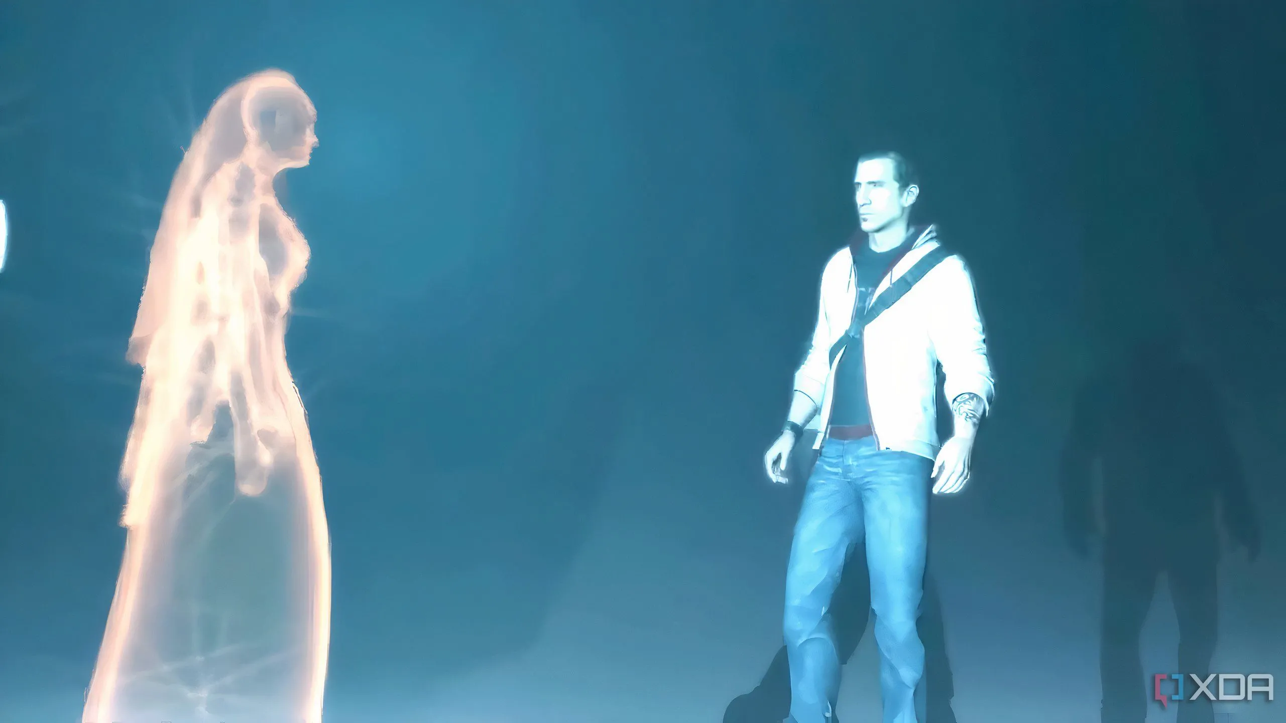 Desmond Miles tại một địa điểm Isu, minh họa sự kết nối ban đầu giữa cốt truyện hiện đại và nền văn minh Isu trong Assassin's Creed.